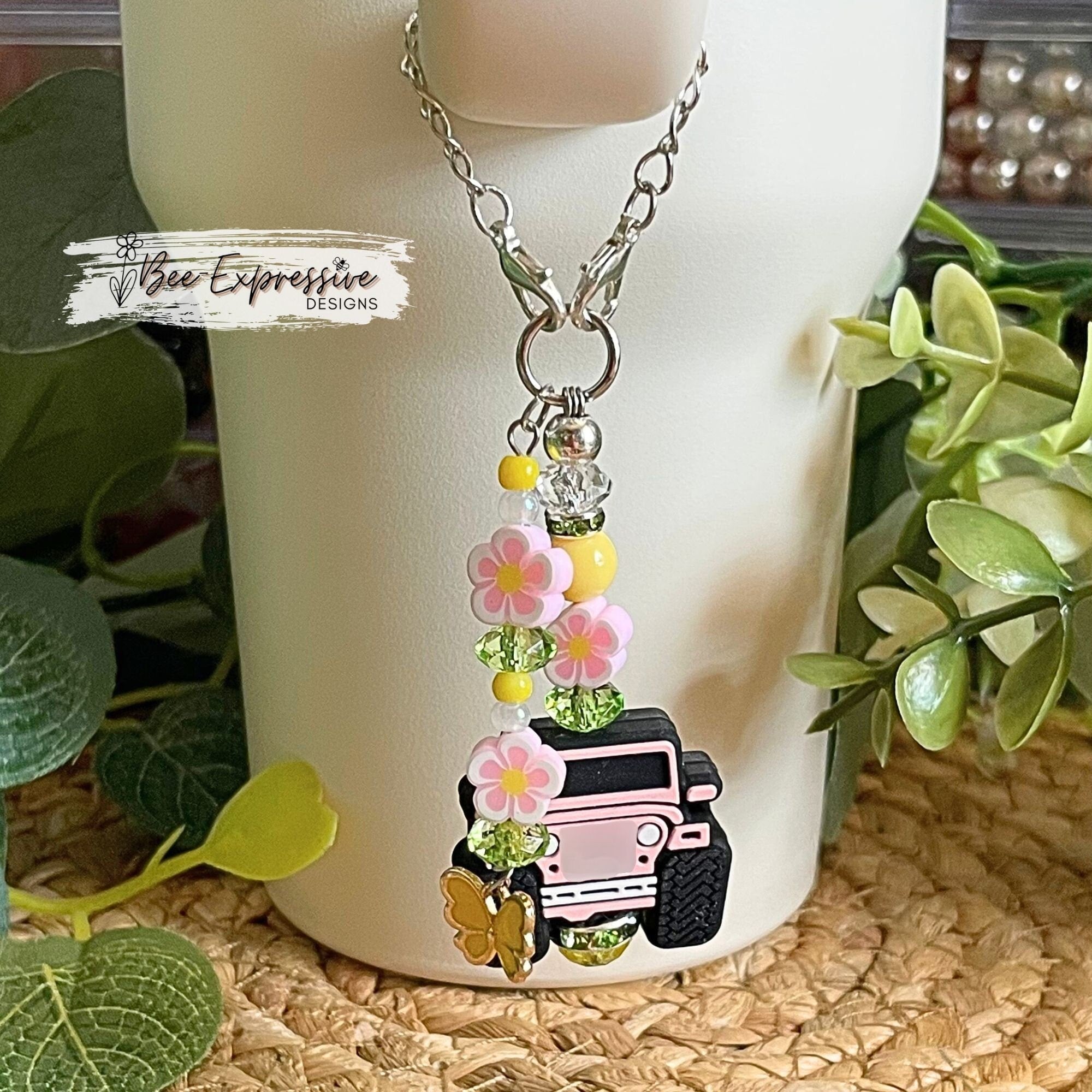 Handmade Pink 4x4 Tumbler Charm: Beaded Tassel, Clay Flower, Butterfly