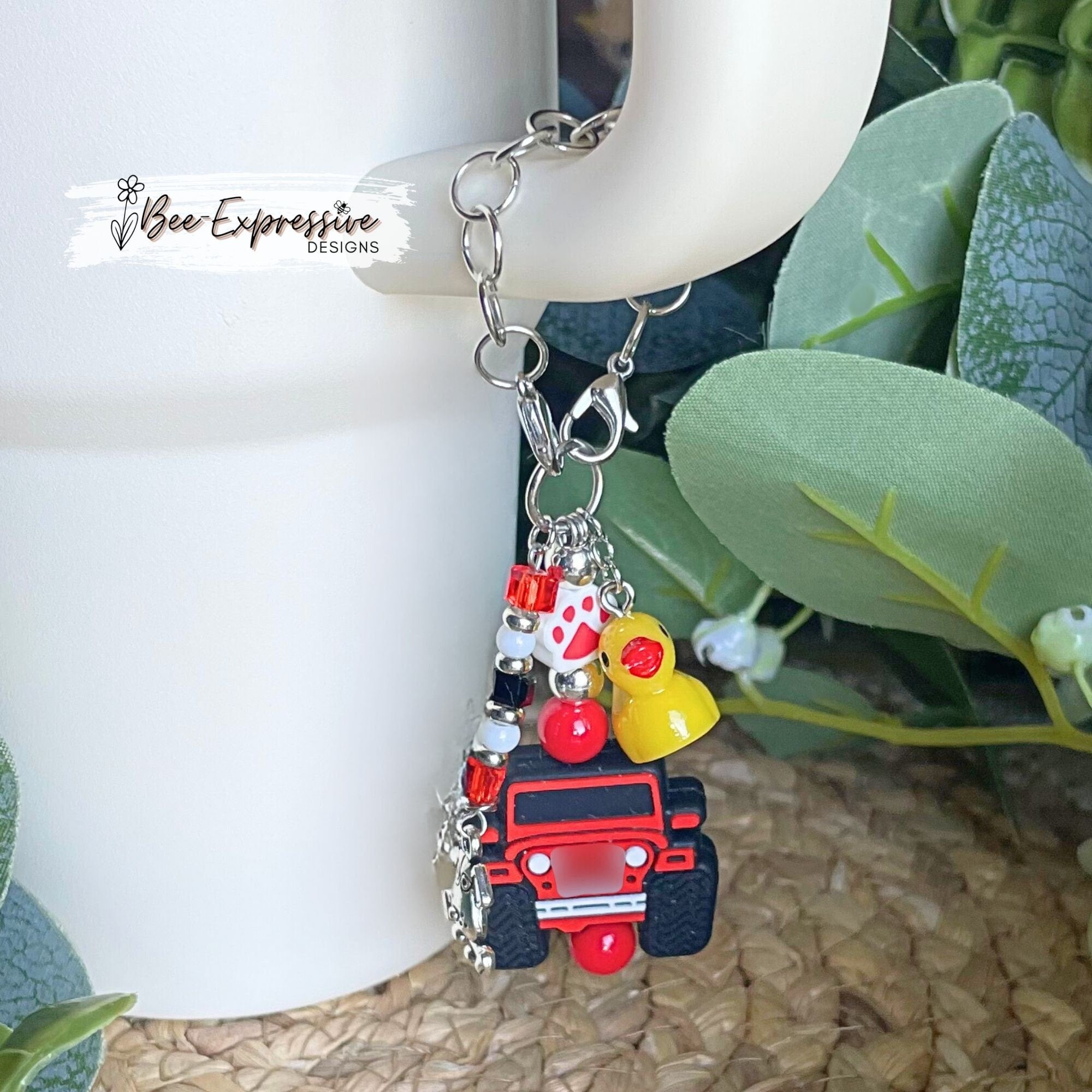 4x4 vehicle, tumbler charm chain! Beaded acrylic tassel with a puppy charm, acrylic duck charm, clay dog paw print bead, choose your colors!
