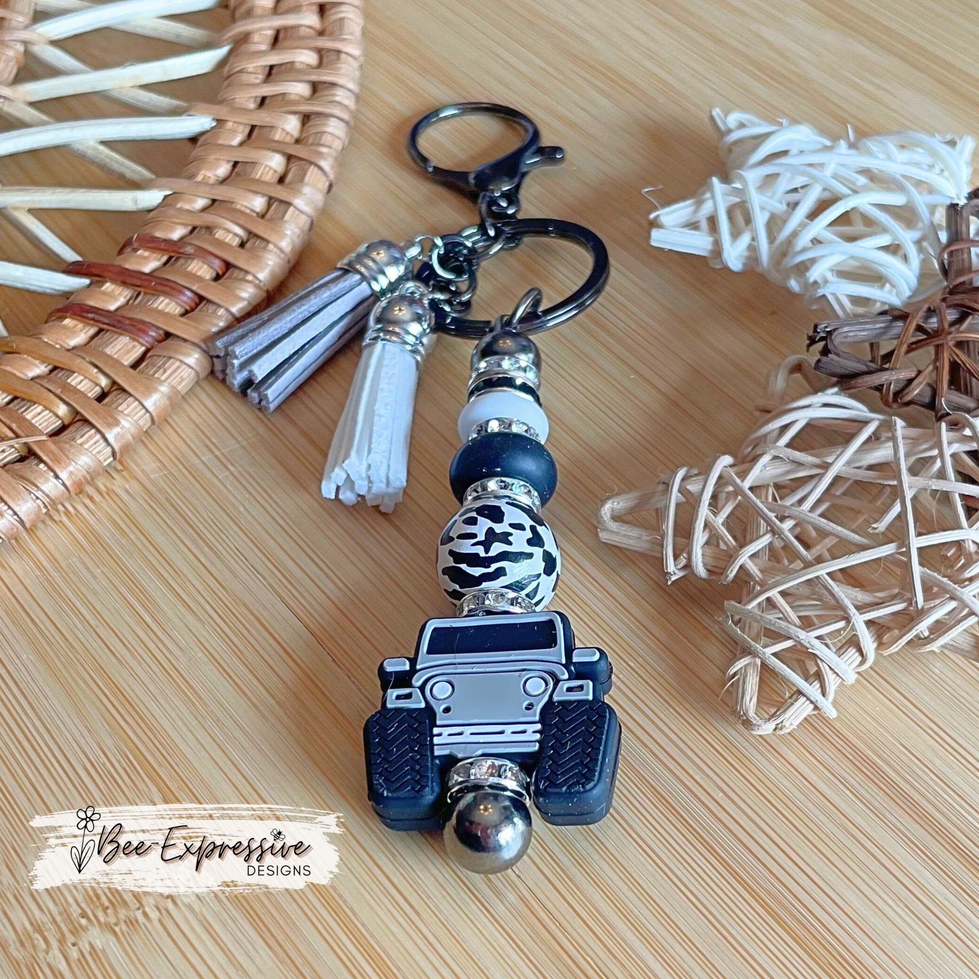 Gray, 4x4 vehicle beaded keychain!  Lobster clasp, keyring, animal print bead, rhinestone spacers, lentil beads & two tassels