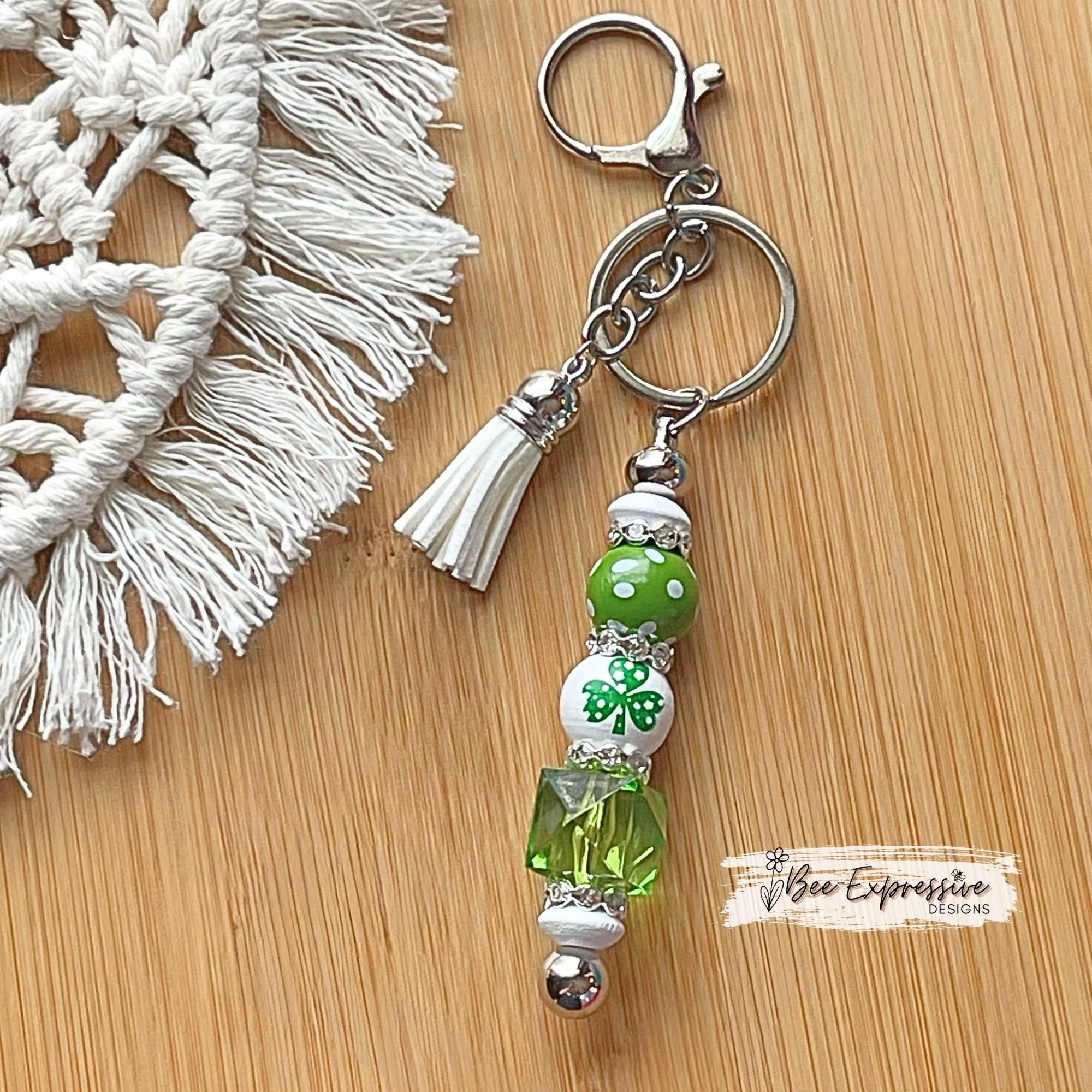 Beautiful, handmade shamrock keychain with 20mm acrylic bead! Lobster clasp, metal keychain, rhinestones, polka dot wood bead, tassel