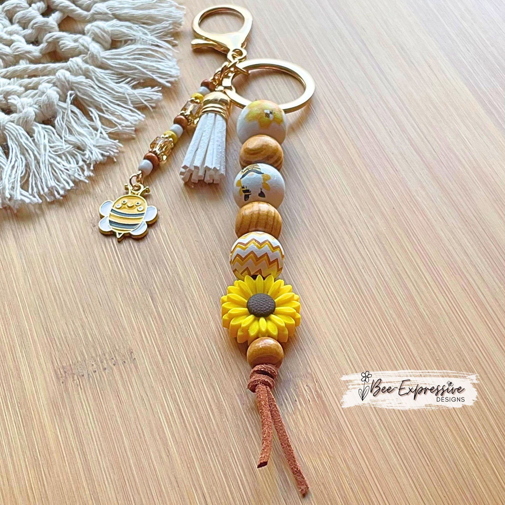Adorable, handmade BEE gnome keychain! Lobster claw clasp, suede cord, silicone sunflower, printed wood beads, beaded tassel, bee charm!