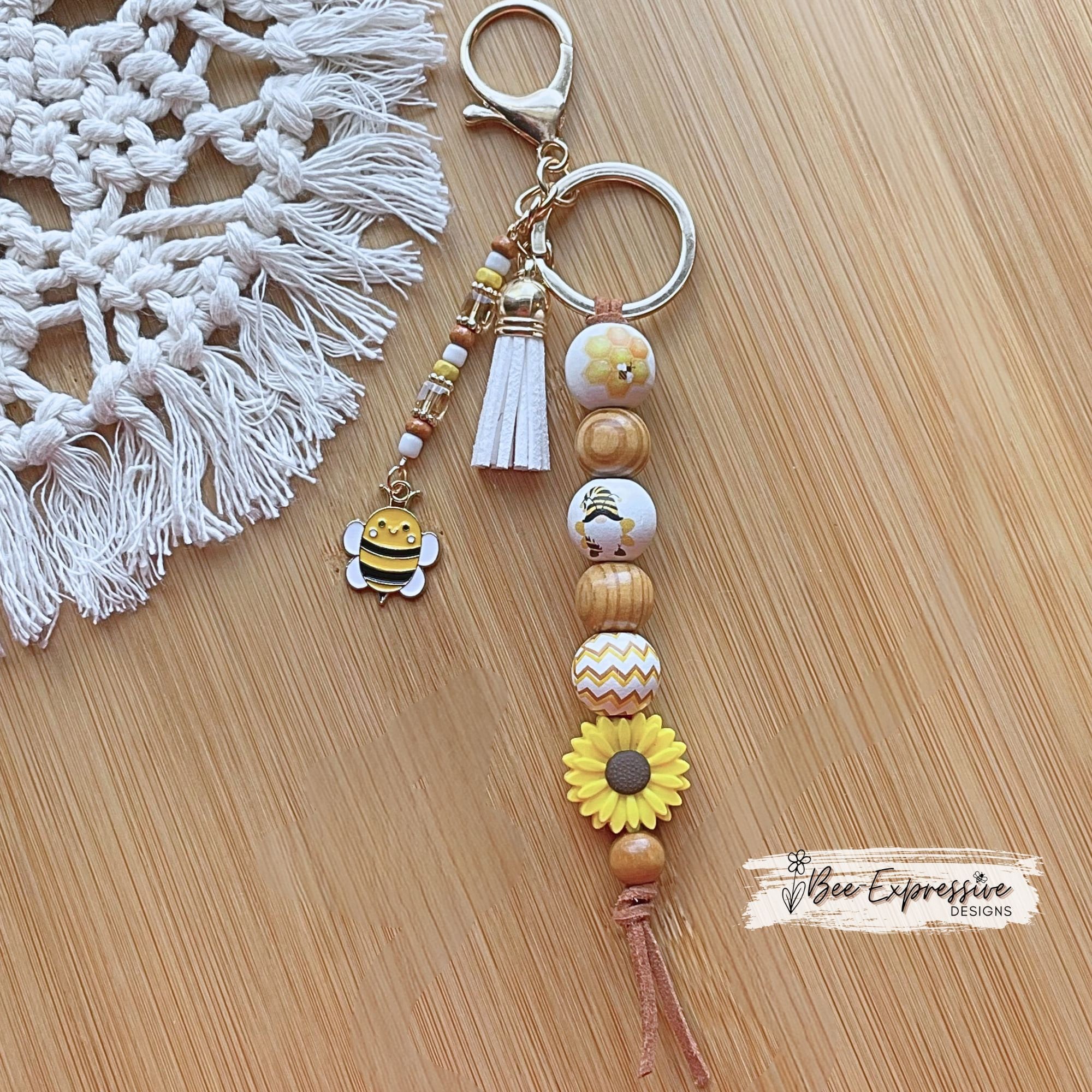Handmade Bee Gnome Keychain: Sunflower Charm, Beaded Tassel
