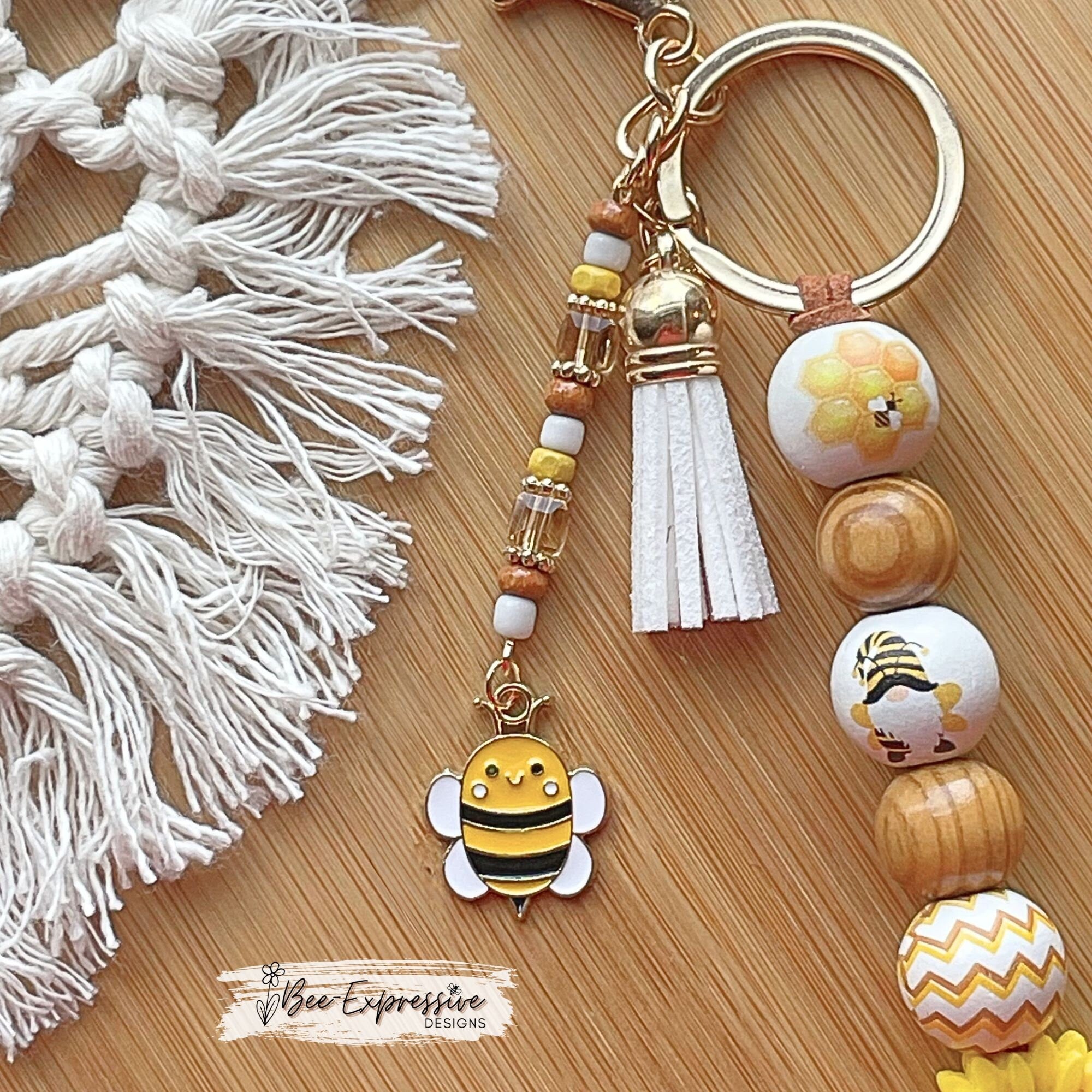 Adorable, handmade BEE gnome keychain! Lobster claw clasp, suede cord, silicone sunflower, printed wood beads, beaded tassel, bee charm!