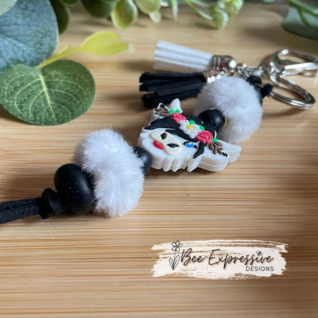 Handmade, beaded, COW keychain! Lobster clasp, keyring, black suede cord, keyring, furry beads, silicone lentil and round beads, 2 tassels!