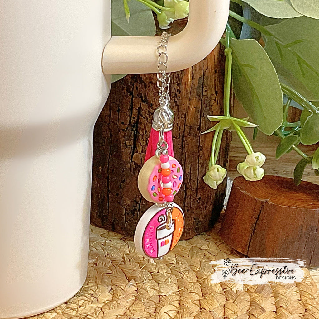 Handmade, donut inspired tumbler charm chain! Lobster claw clasps, silicone donut bead, a beaded tassel with heart charm, a suede tassel
