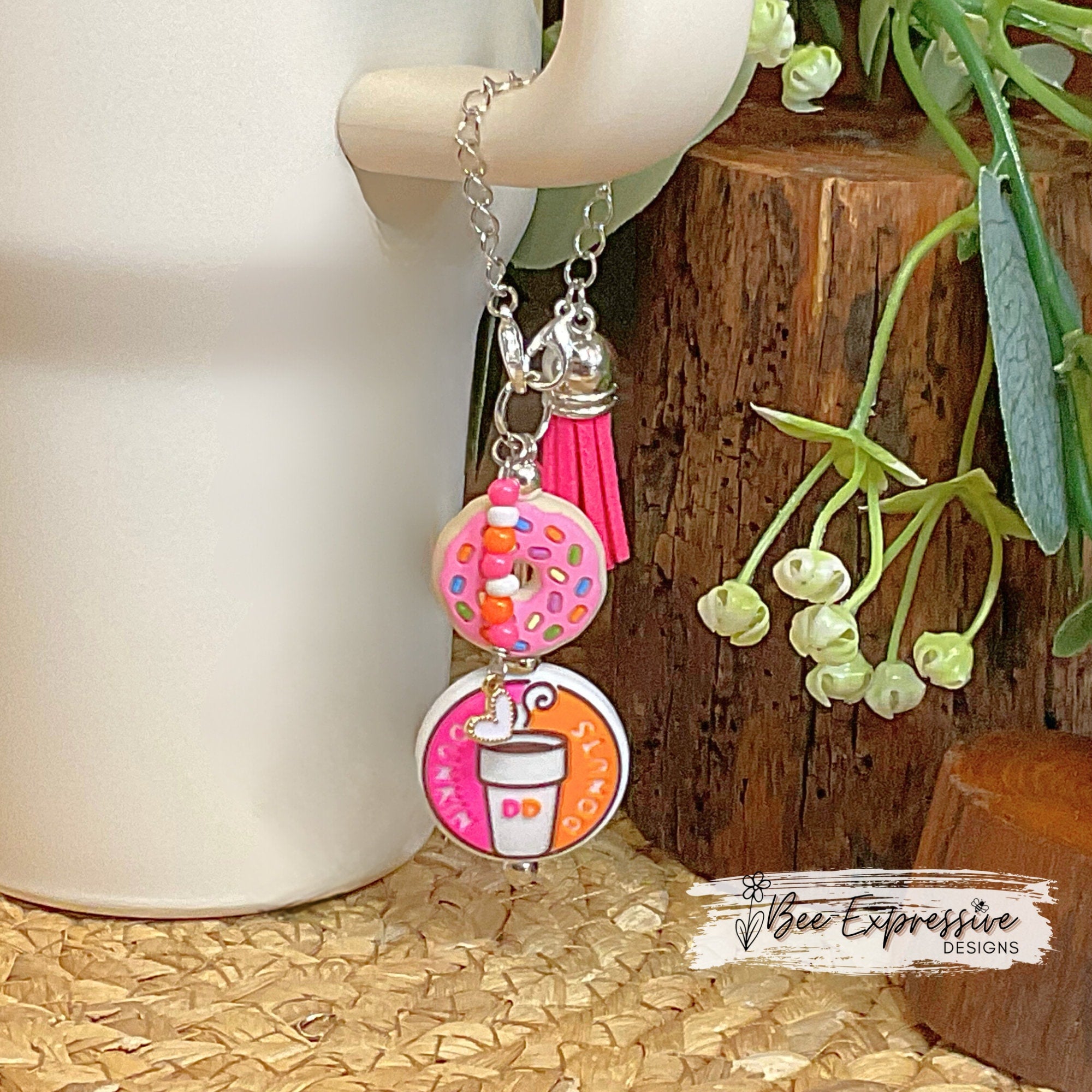 Handmade, donut inspired tumbler charm chain! Lobster claw clasps, silicone donut bead, a beaded tassel with heart charm, a suede tassel
