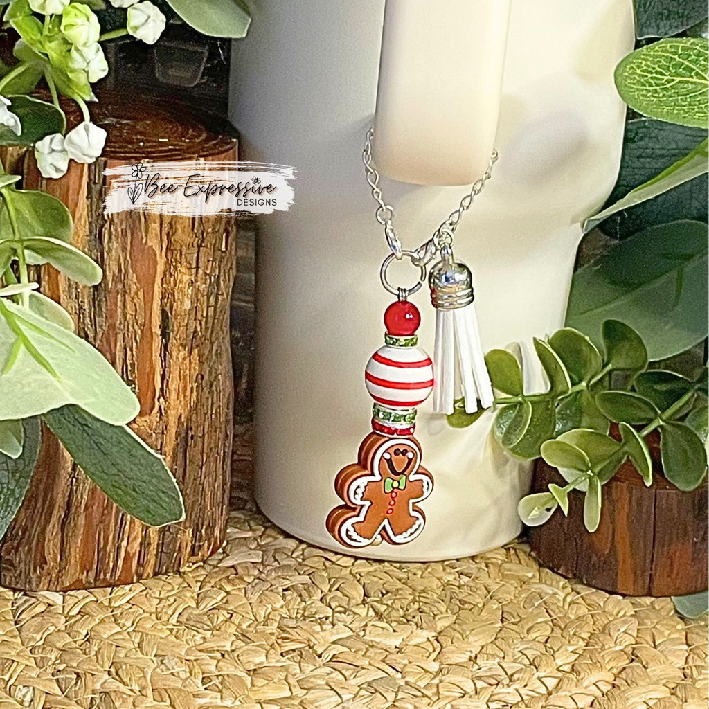 Handmade and unique, GINGERBREAD Christmas charm chain for Stanleys! Lobster clasps, rhinestone spacer beads, striped wood bead, and tassel