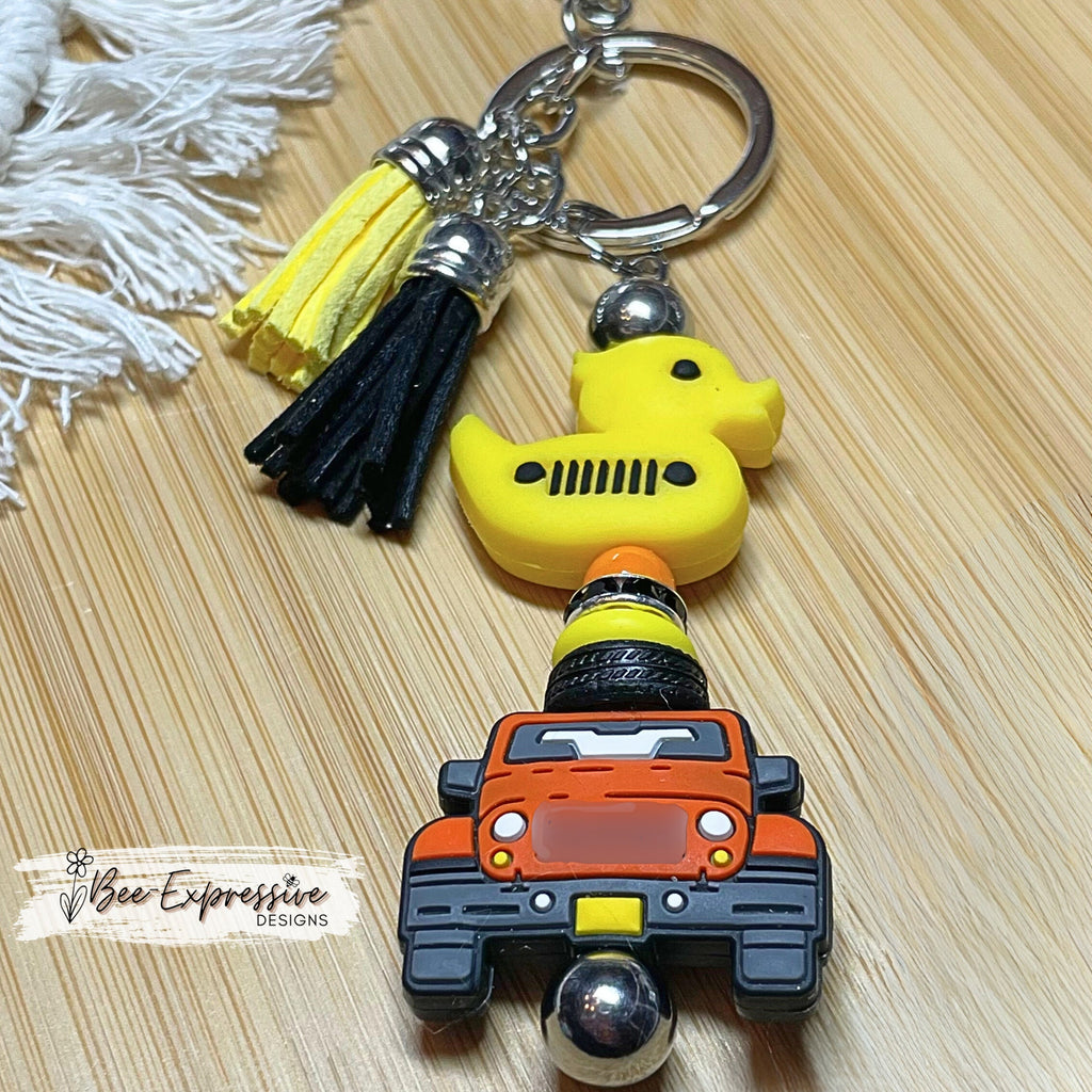 Custom, 4x4 metal keychain!  Lobster or swivel clasp, silicone duck bead, toy tire, choose your color 4x4 with matching bead!