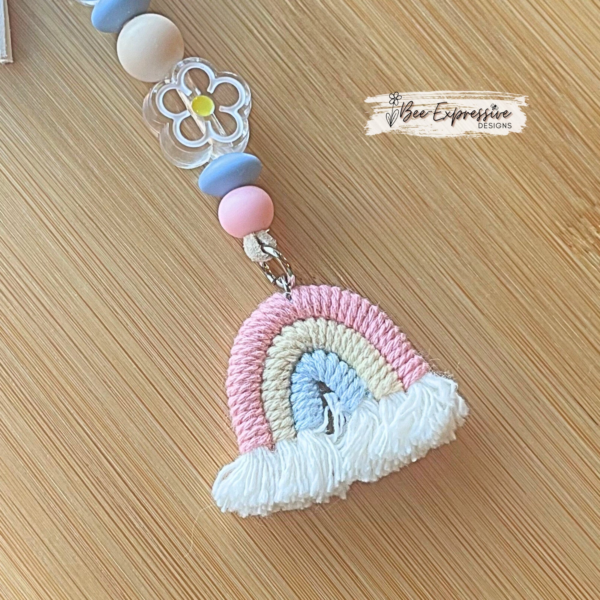 Beaded, rainbow and daisy flower, keychain! Lobster clasp, suede cord, silicone beads, acrylic flowers, beaded star tassel, pink heart charm