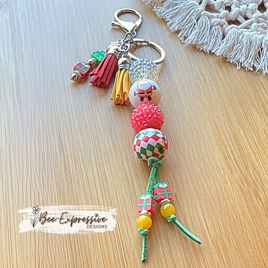 Chunky bead, SANTA Christmas keychain! Lobster or swivel clasp, suede cord, acrylic, clay, beaded tassel, Santa, presents, X-mas tree!