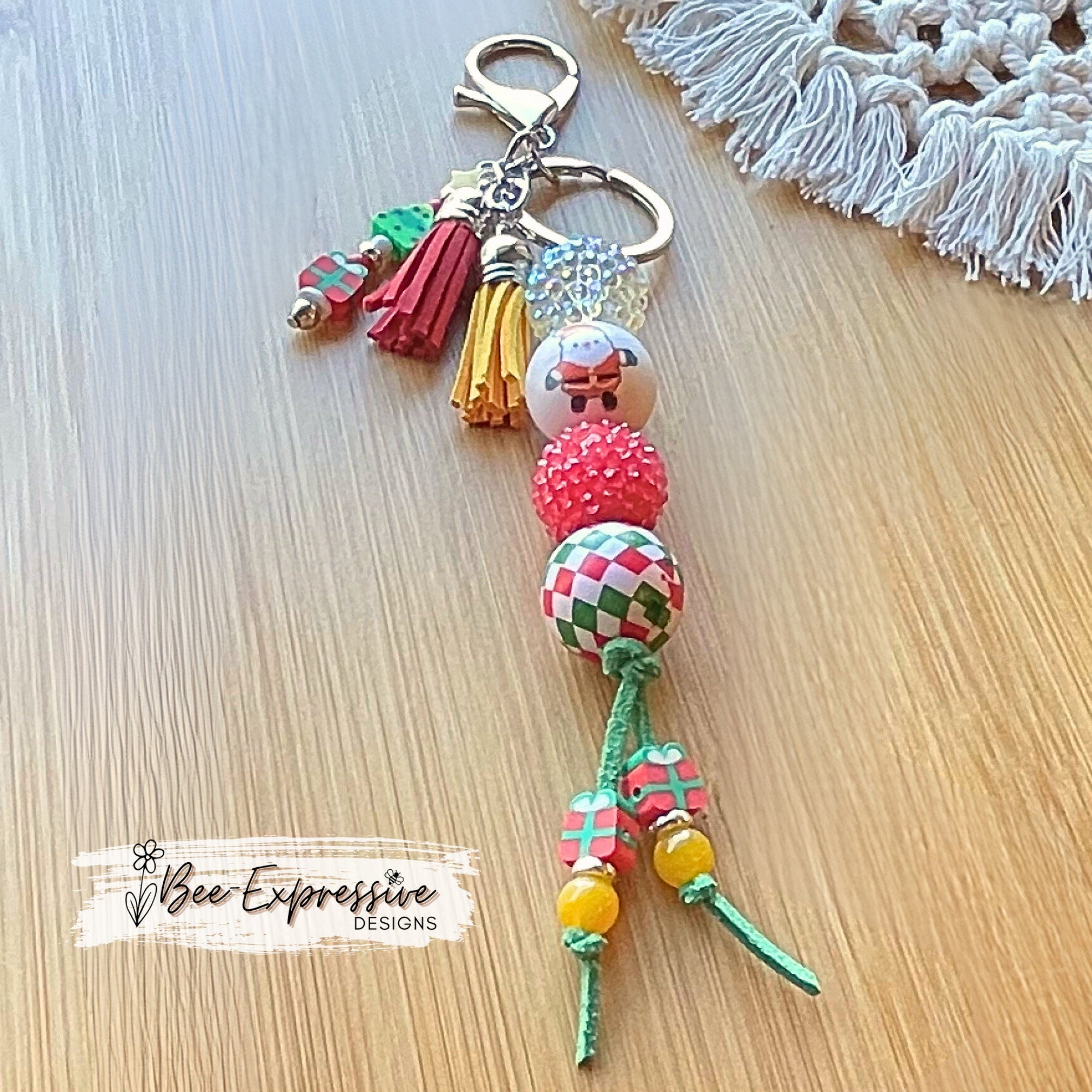 Chunky bead, SANTA Christmas keychain! Lobster or swivel clasp, suede cord, acrylic, clay, beaded tassel, Santa, presents, X-mas tree!