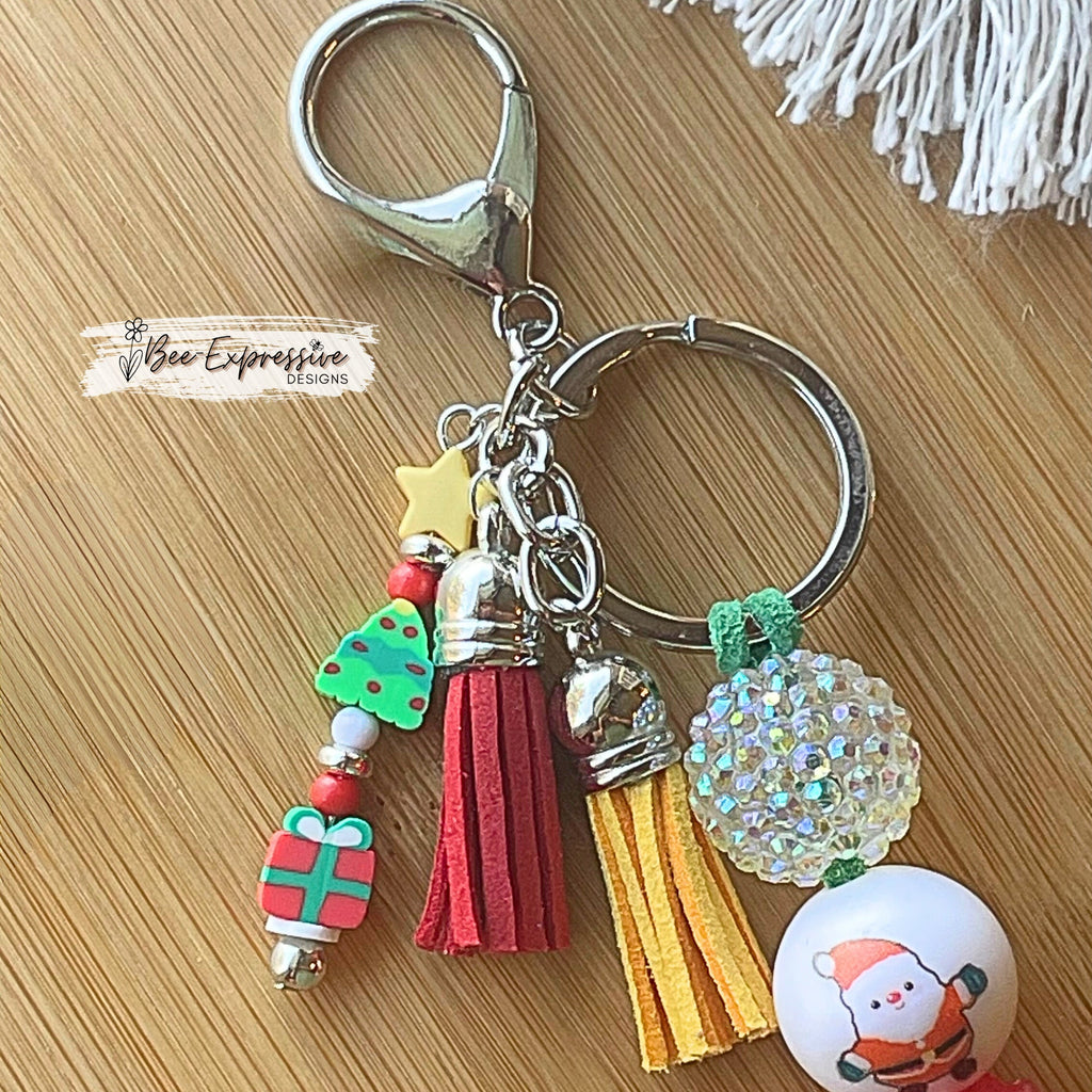 Chunky bead, SANTA Christmas keychain! Lobster or swivel clasp, suede cord, acrylic, clay, beaded tassel, Santa, presents, X-mas tree!