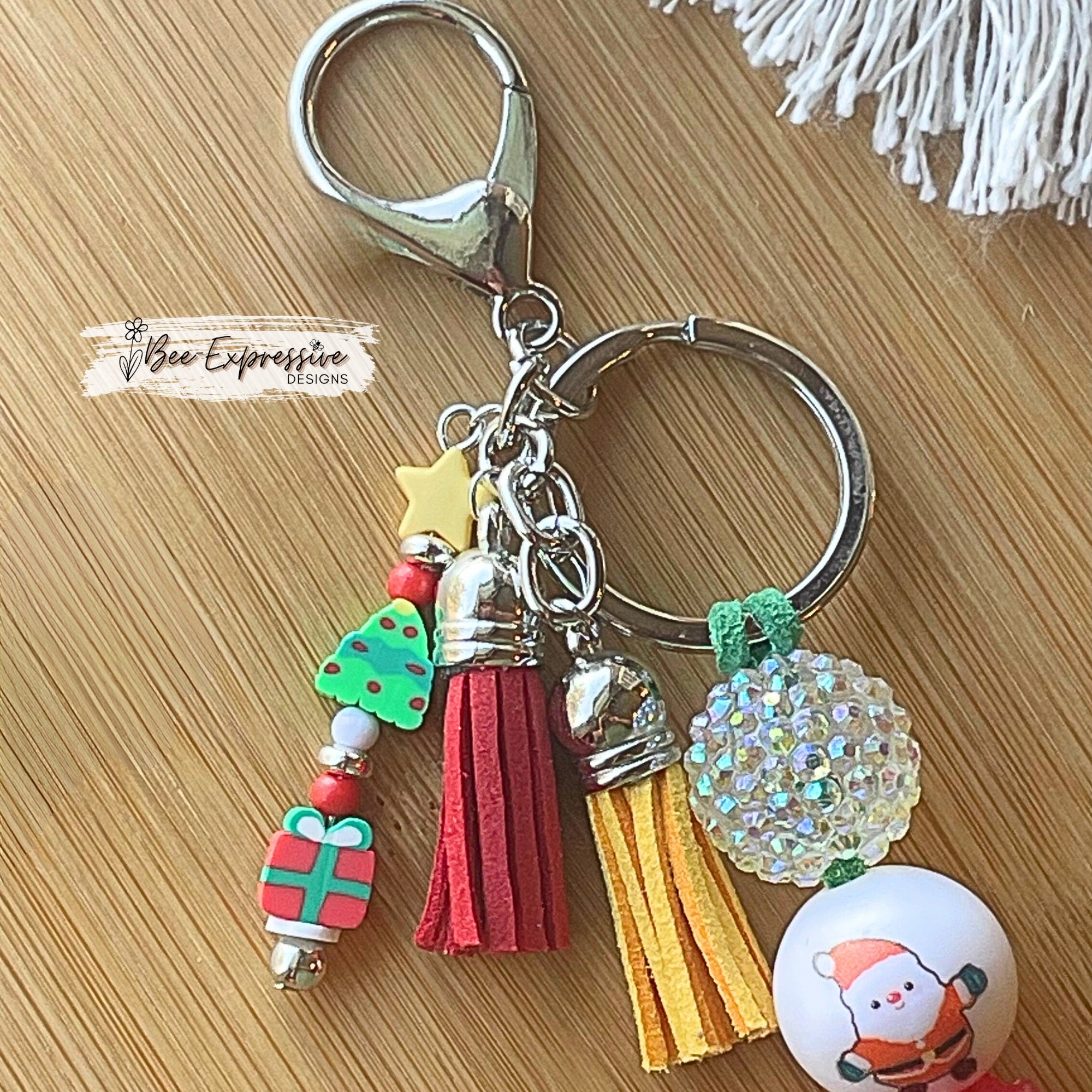 Chunky bead, SANTA Christmas keychain! Lobster or swivel clasp, suede cord, acrylic, clay, beaded tassel, Santa, presents, X-mas tree!