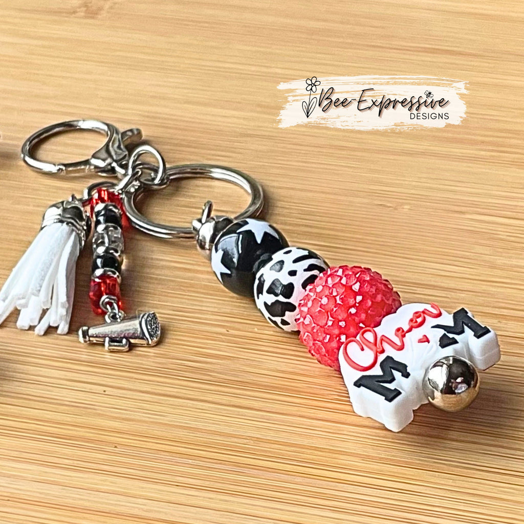 Handmade, chunky beaded, CHEER mom, keychain! Pick your own school colors!  Lobster clasp, and a beaded tassel with megaphone charm!