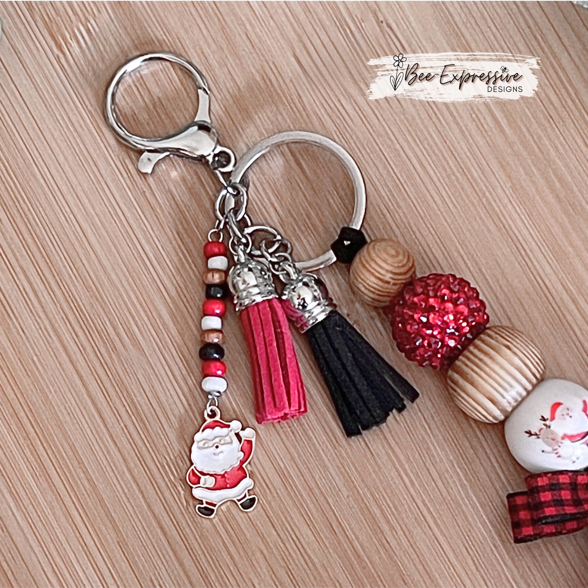 Handmade, Santa Christmas keychain! Lobster or swivel clasp, suede cord, chunky beads, bow, wood beads, beaded tassel, Santa Claus charm!