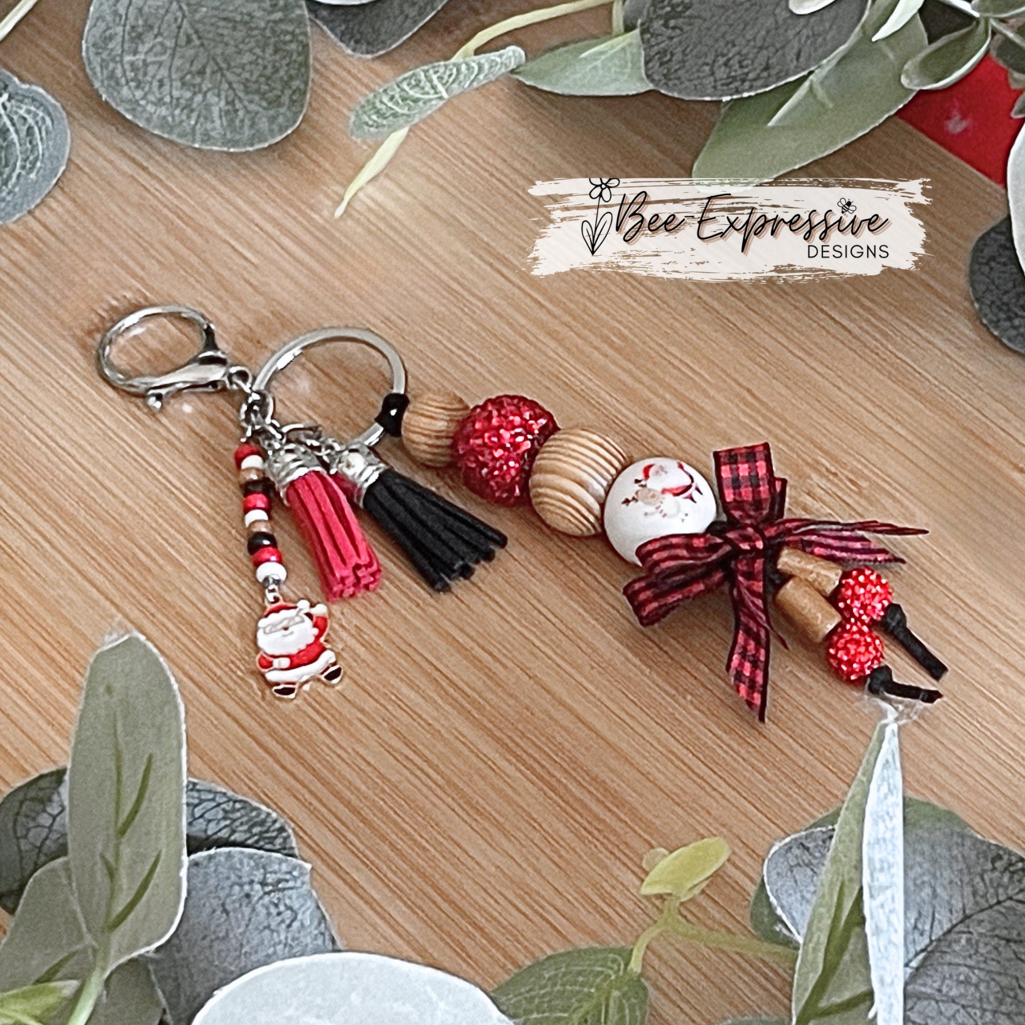 Handmade, Santa Christmas keychain! Lobster or swivel clasp, suede cord, chunky beads, bow, wood beads, beaded tassel, Santa Claus charm!