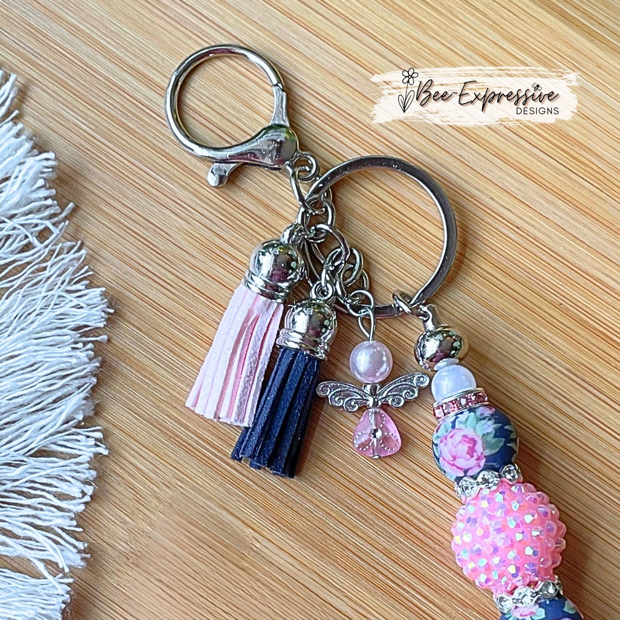 Beautiful, handmade keychain with 20mm rhinestone bead! Lobster clasp, metal keychain, rhinestones, faux pearl, beaded metal angel charm!