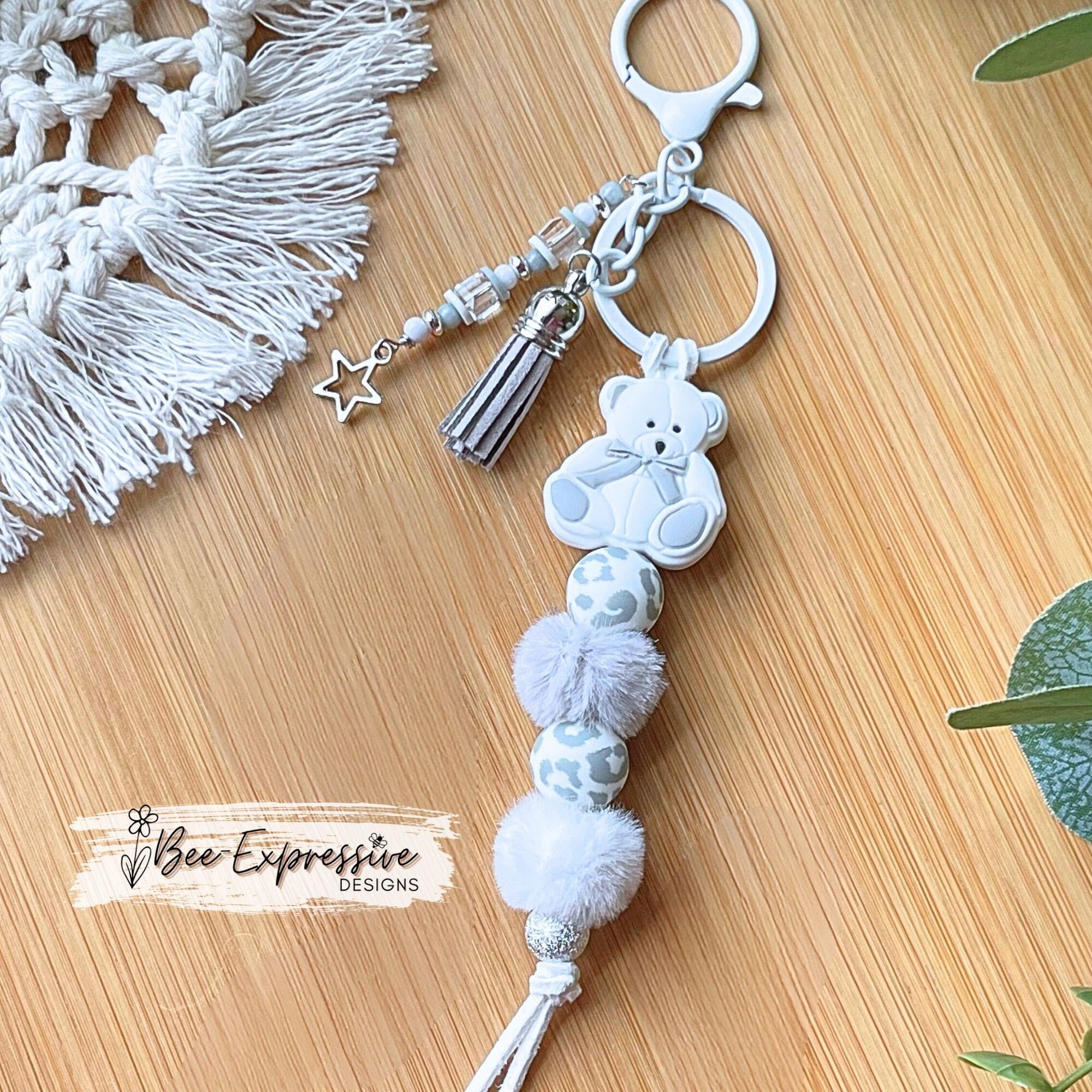 Adorable, handmade, teddy bear keychain! White lobster clasp, suede cord, furry beads, silicone animal print, beaded tassel, star charm!