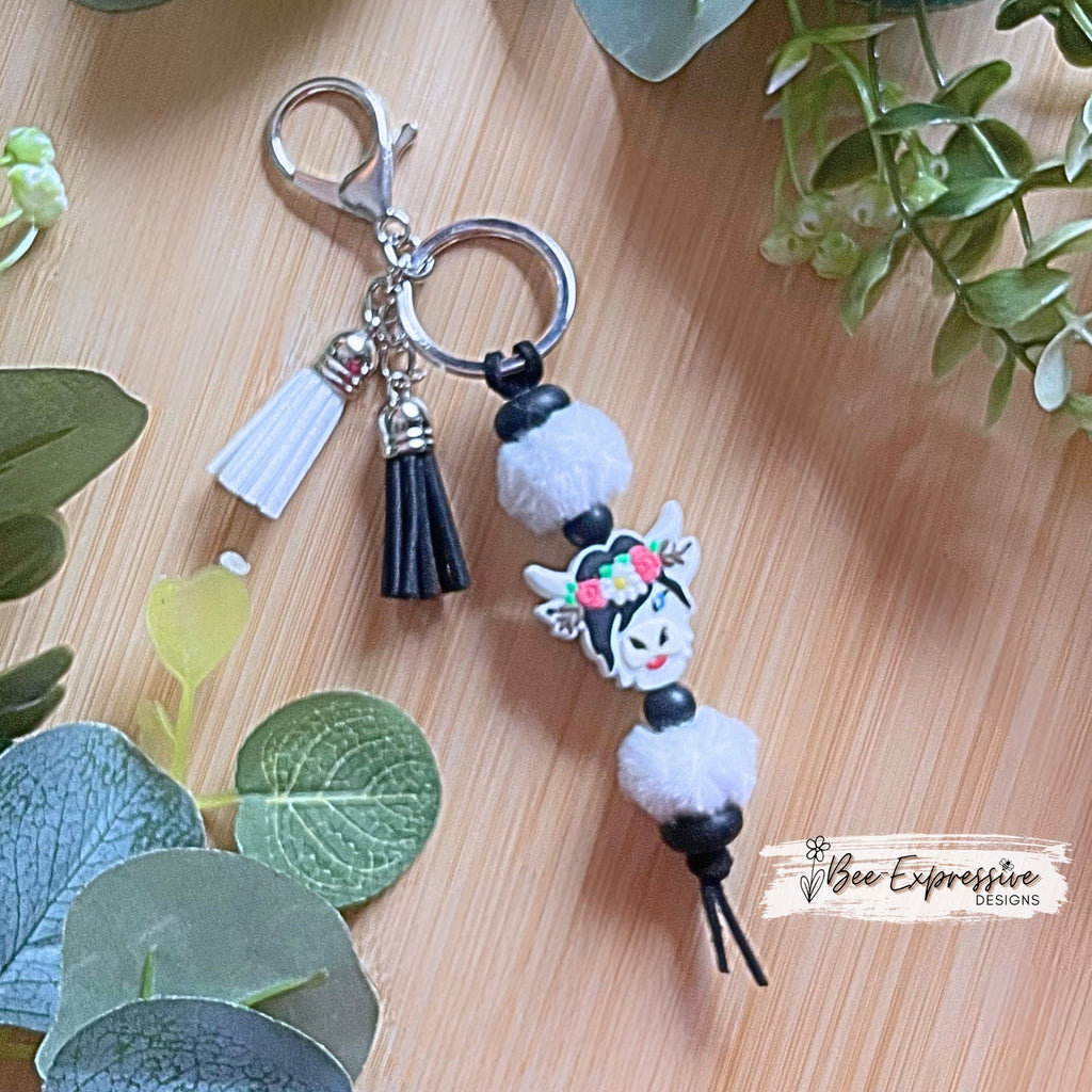 Handmade, beaded, COW keychain! Lobster clasp, keyring, black suede cord, keyring, furry beads, silicone lentil and round beads, 2 tassels!