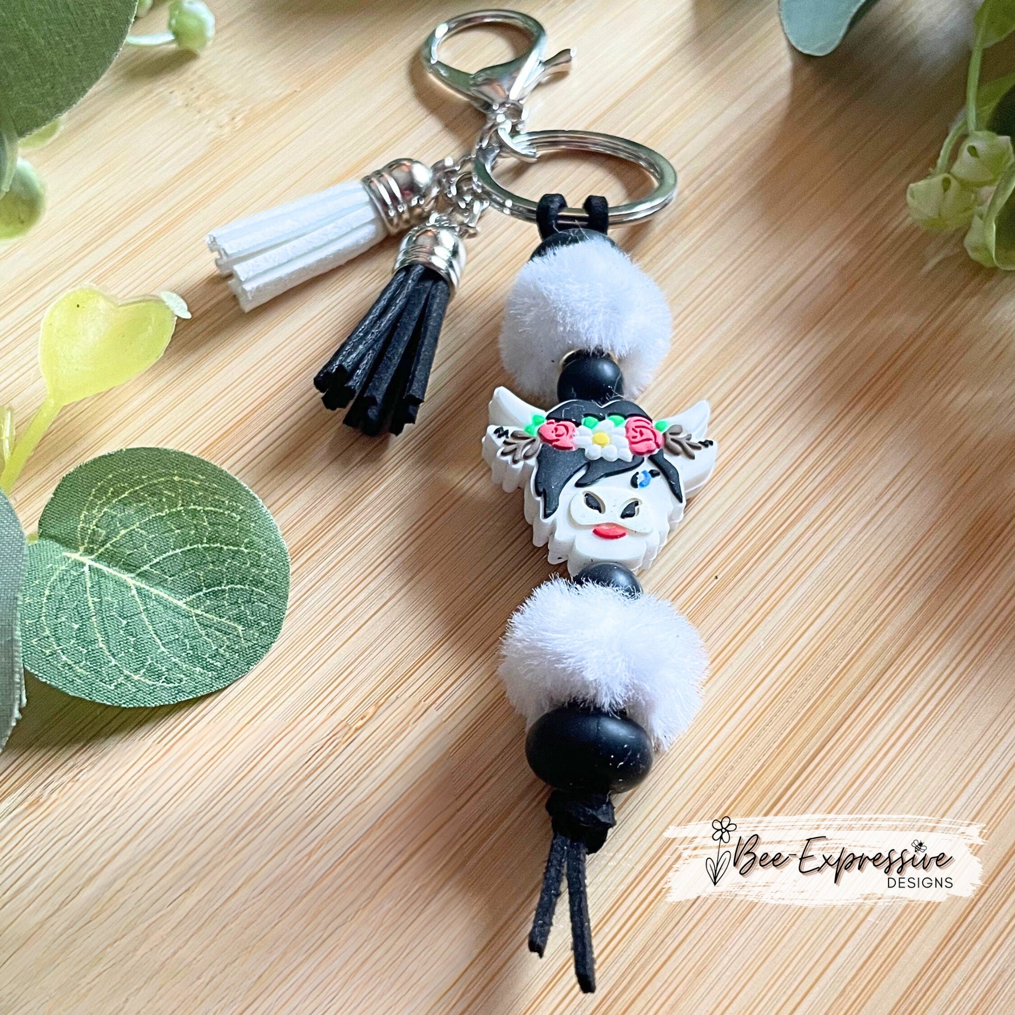 Handmade, beaded, COW keychain! Lobster clasp, keyring, black suede cord, keyring, furry beads, silicone lentil and round beads, 2 tassels!