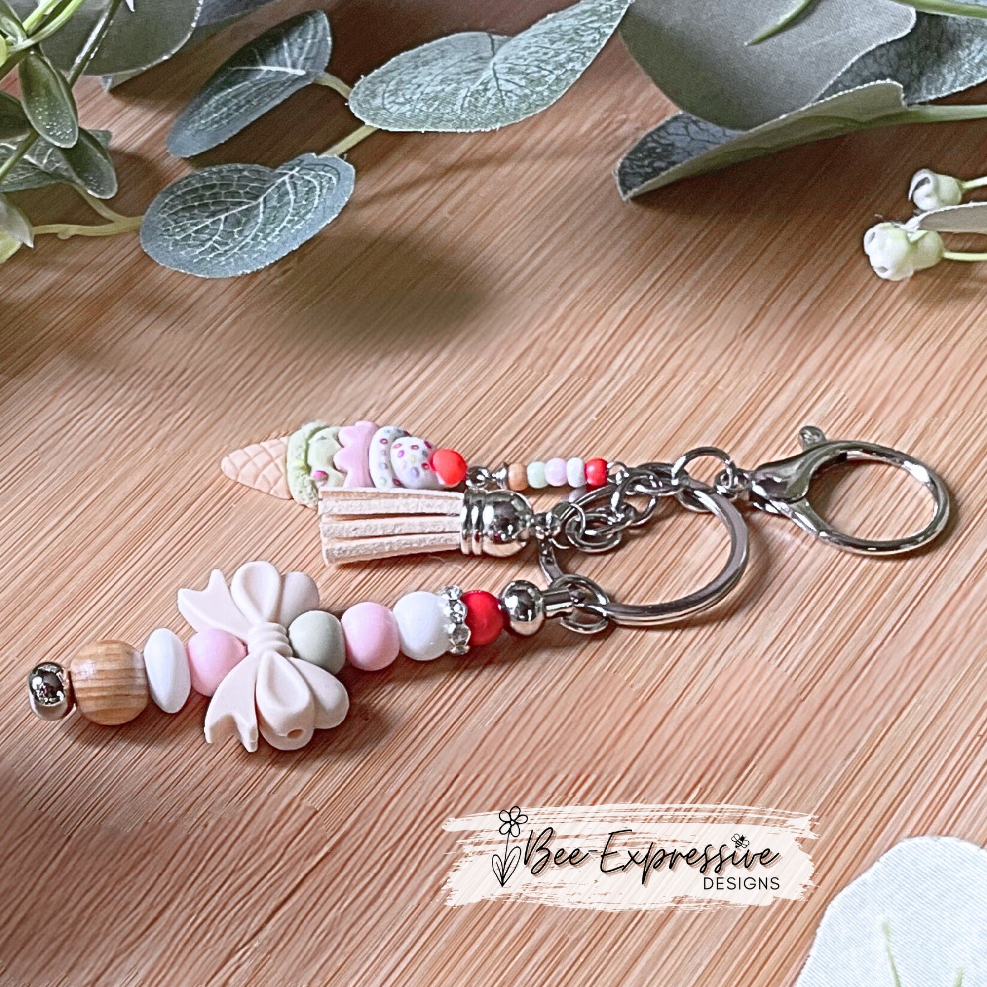 Adorable, handmade, beaded ice cream keychain! Choose a lobster claw or swivel clasp, metal bar, silicone bow, beaded tassel, dessert charm