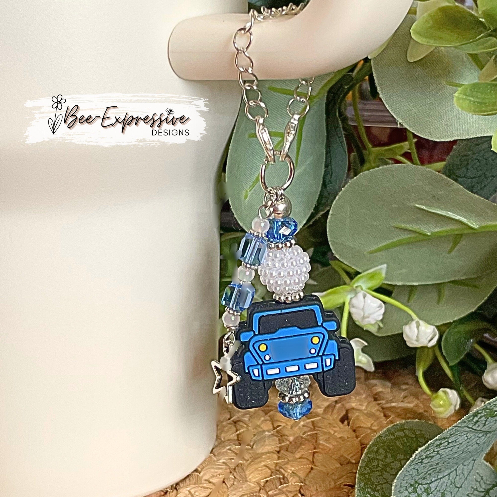 Blue 4x4 Vehicle Tumbler Charm: Acrylic Beads & Star Tassel