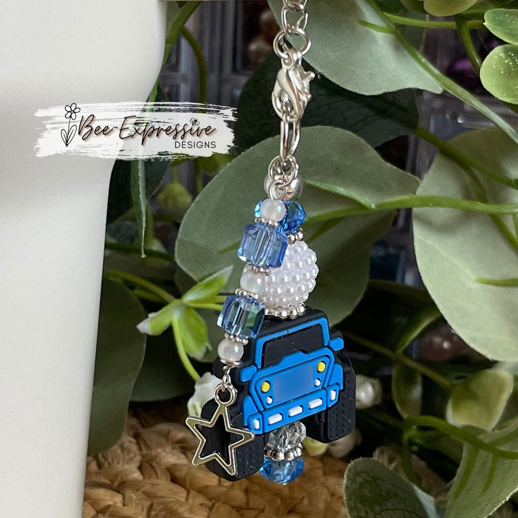 Blue 4x4 vehicle charm chain for a tumbler!  Acrylic beads, lobster claw clasps, beaded tassel with metal star charm! Customize your color!