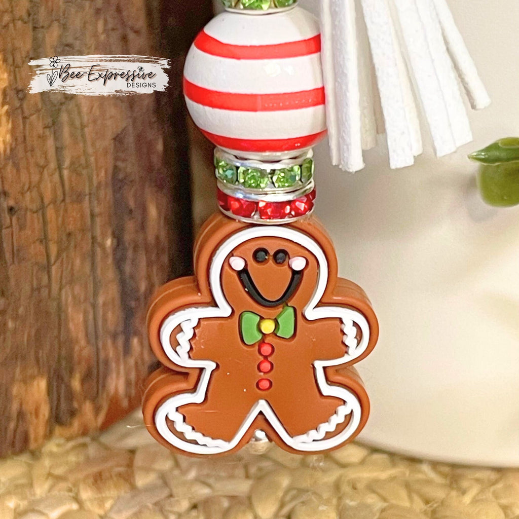 Handmade and unique, GINGERBREAD Christmas charm chain for Stanleys! Lobster clasps, rhinestone spacer beads, striped wood bead, and tassel
