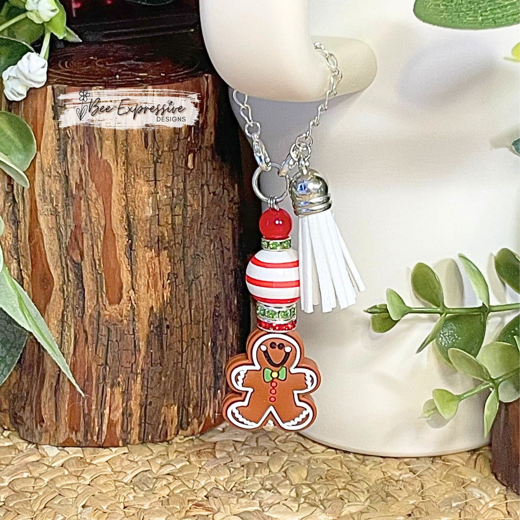 Handmade and unique, GINGERBREAD Christmas charm chain for Stanleys! Lobster clasps, rhinestone spacer beads, striped wood bead, and tassel