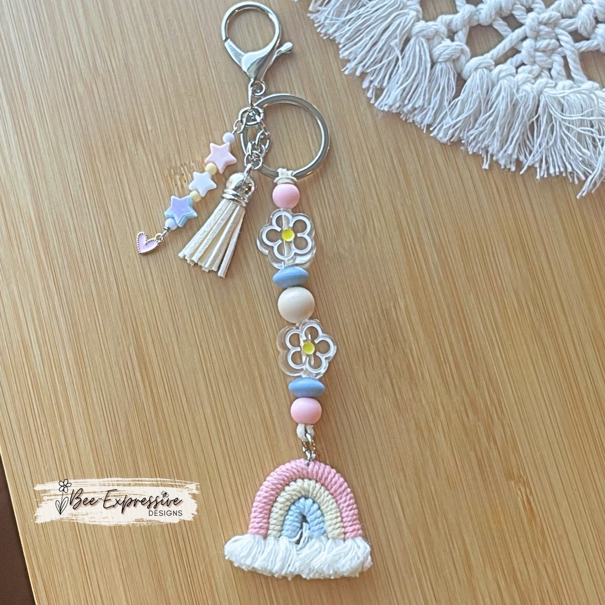 Beaded, rainbow and daisy flower, keychain! Lobster clasp, suede cord, silicone beads, acrylic flowers, beaded star tassel, pink heart charm