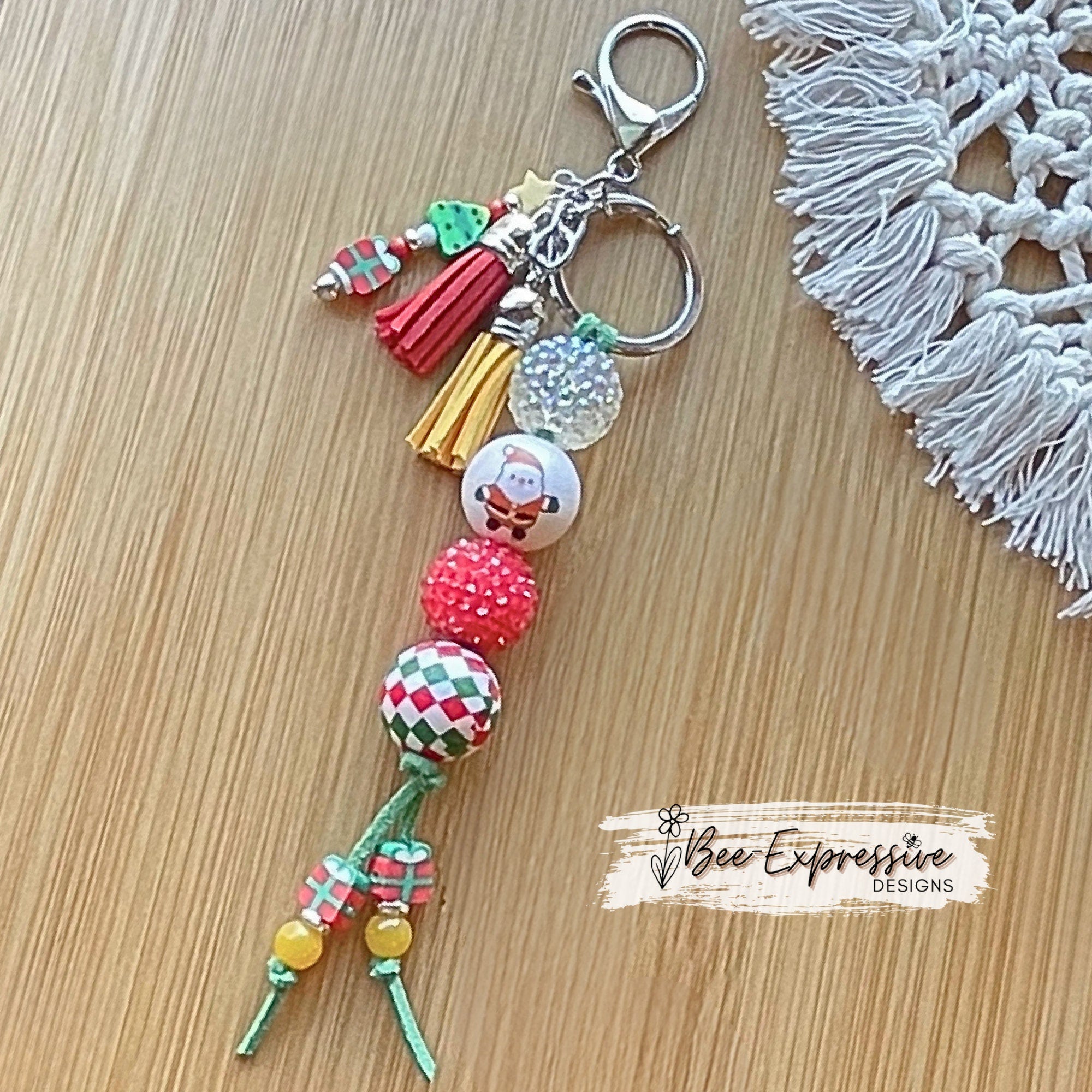 Chunky bead, SANTA Christmas keychain! Lobster or swivel clasp, suede cord, acrylic, clay, beaded tassel, Santa, presents, X-mas tree!