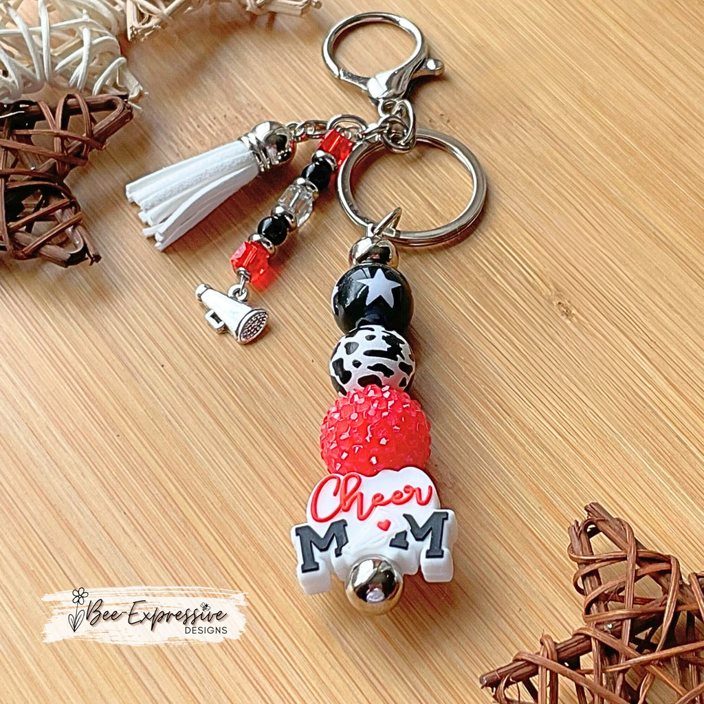 Handmade, chunky beaded, CHEER mom, keychain! Pick your own school colors!  Lobster clasp, and a beaded tassel with megaphone charm!