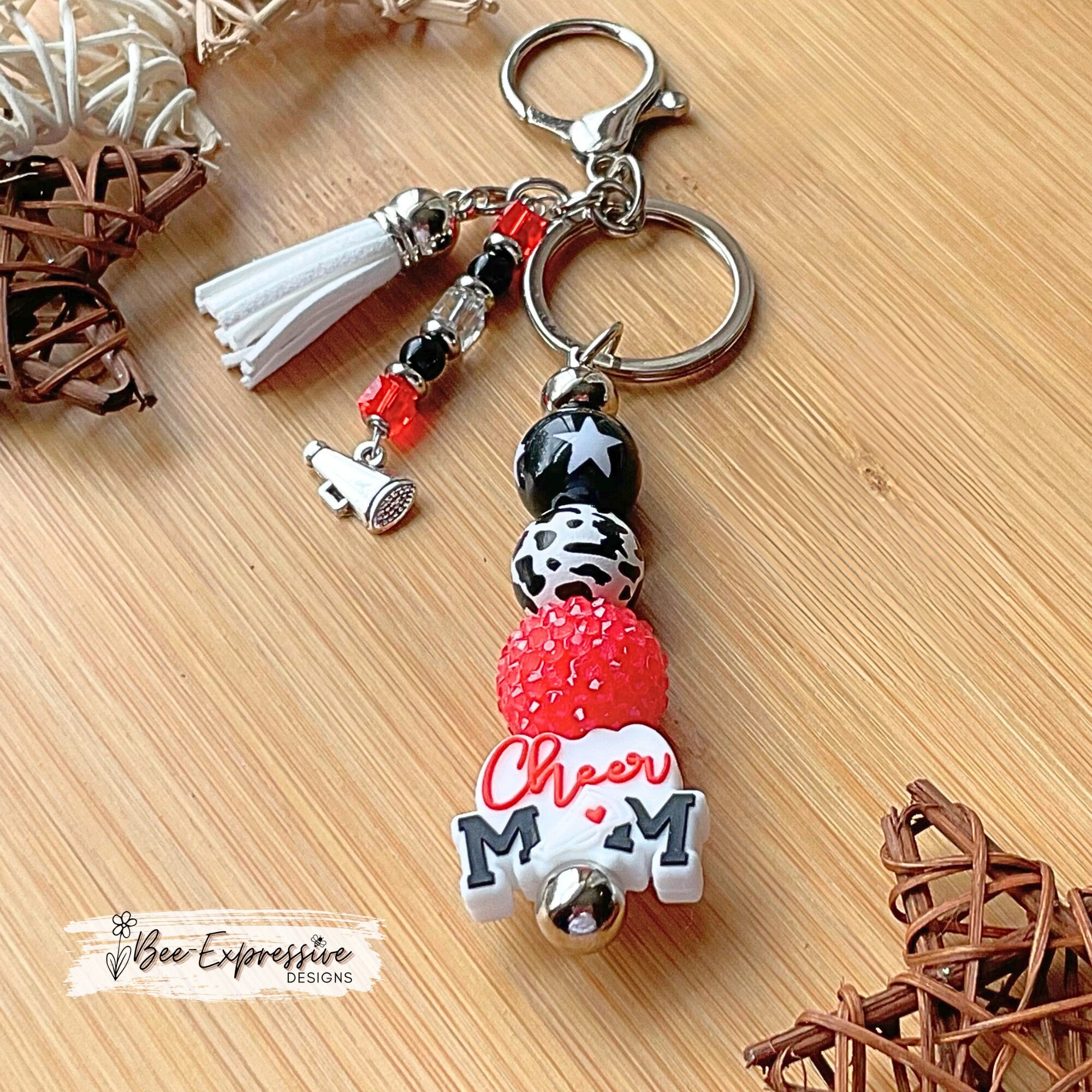 Handmade, chunky beaded, CHEER mom, keychain! Pick your own school colors!  Lobster clasp, and a beaded tassel with megaphone charm!