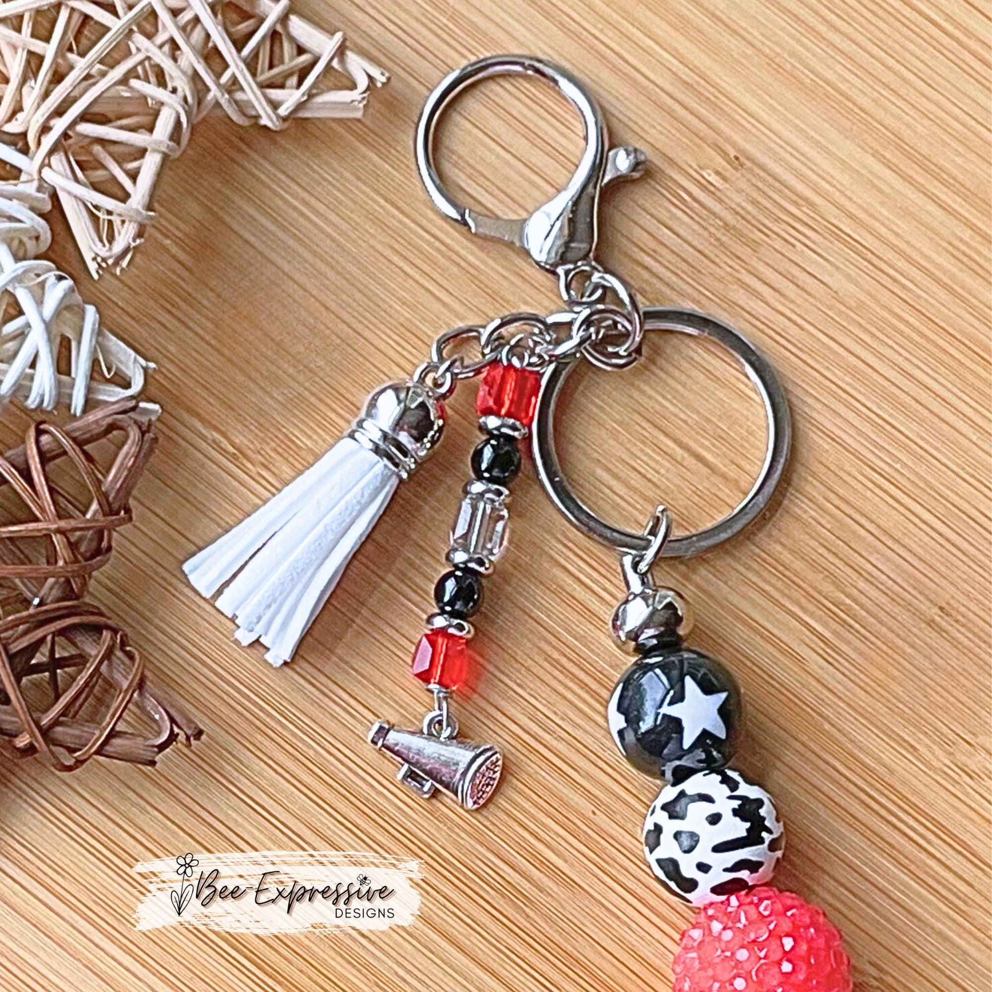 Handmade, chunky beaded, CHEER mom, keychain! Pick your own school colors!  Lobster clasp, and a beaded tassel with megaphone charm!