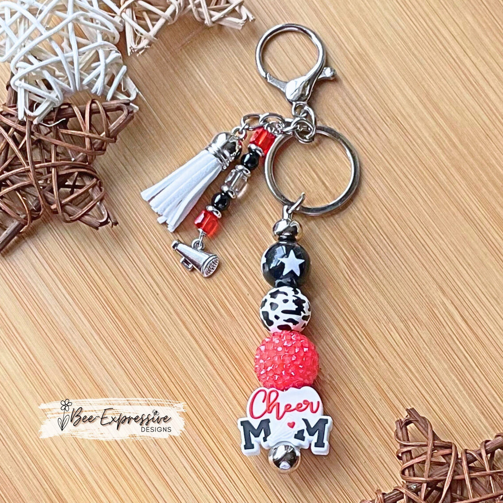 Handmade, chunky beaded, CHEER mom, keychain! Pick your own school colors!  Lobster clasp, and a beaded tassel with megaphone charm!