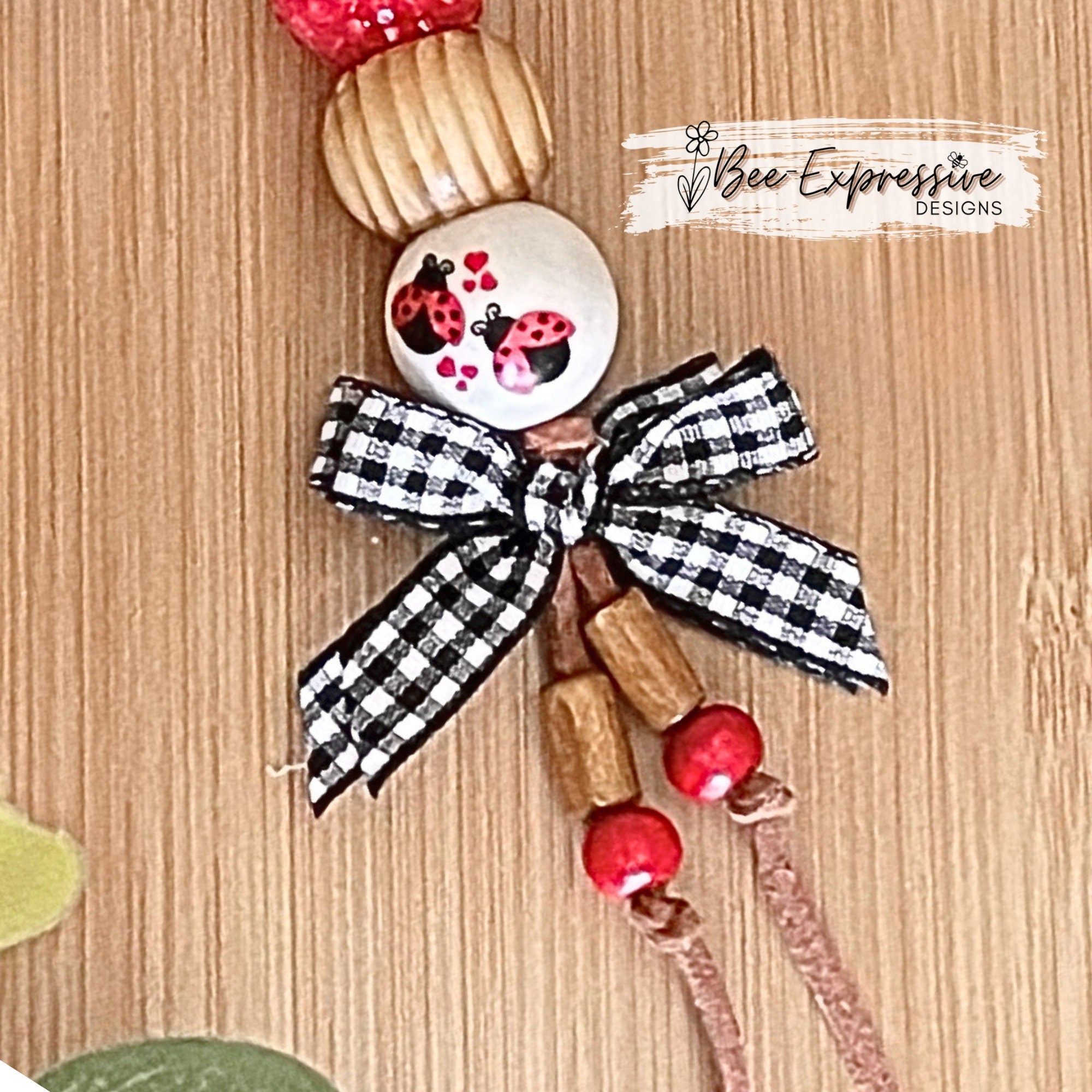 Handmade and unique, chunky bead, lady bug keychain!  Lobster claw clasp, suede cord, 20mm wood and acrylic beads, gingham bow, tassels