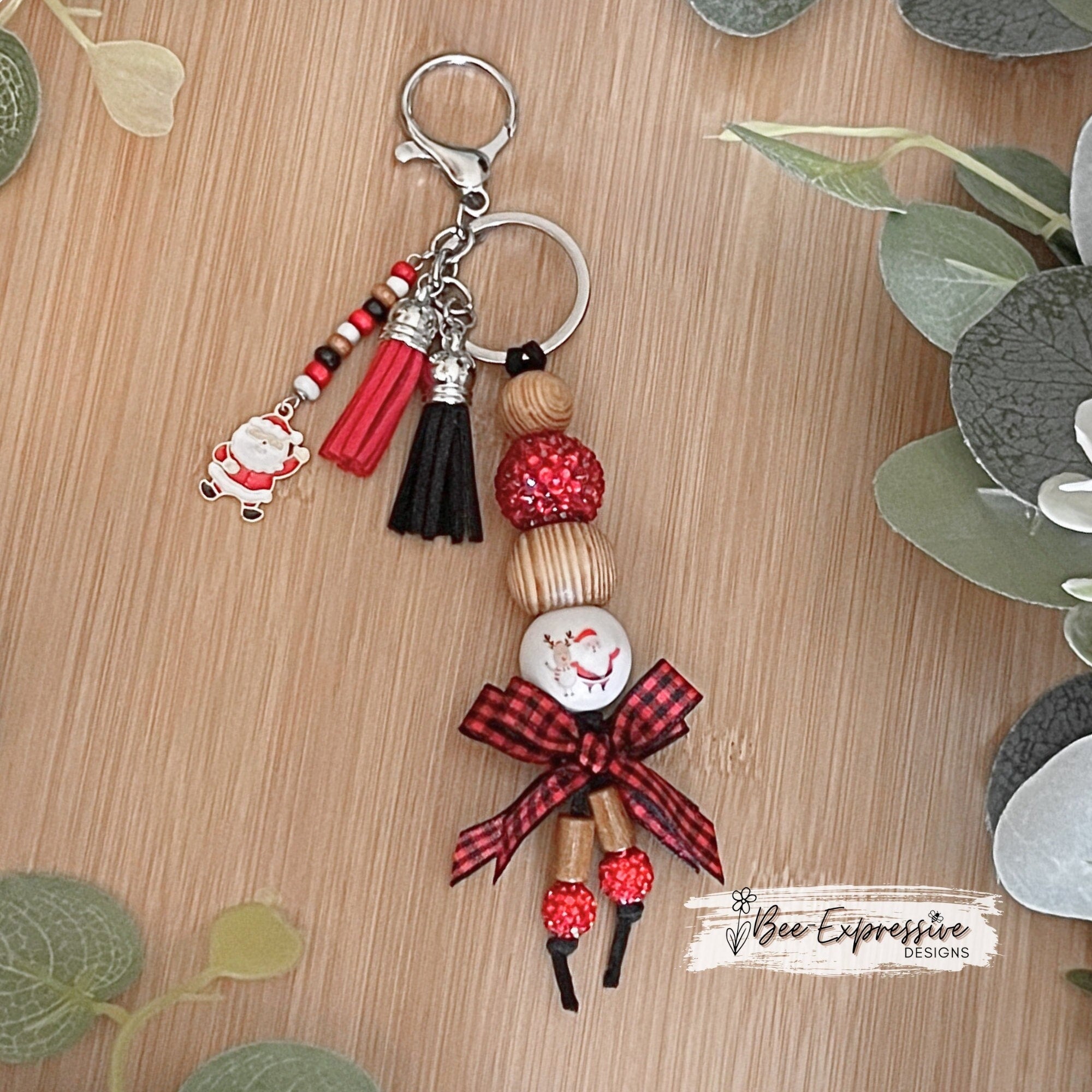 Handmade Santa Keychain: Beaded Christmas Tassel with Bow