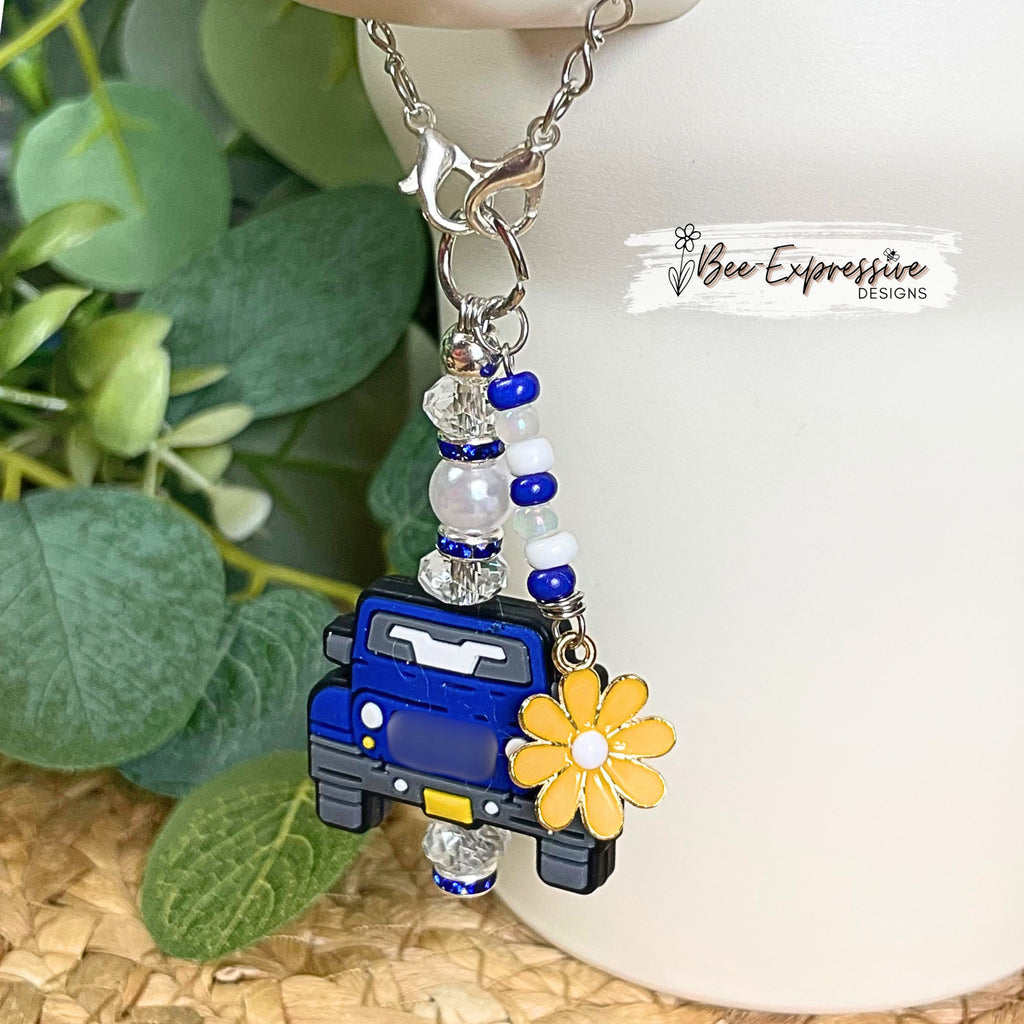 Handmade, blue 4x4 vehicle charm chain for a tumbler! Acrylic beads, lobster claw clasps, rhinestones, beaded tassel, yellow metal charm!