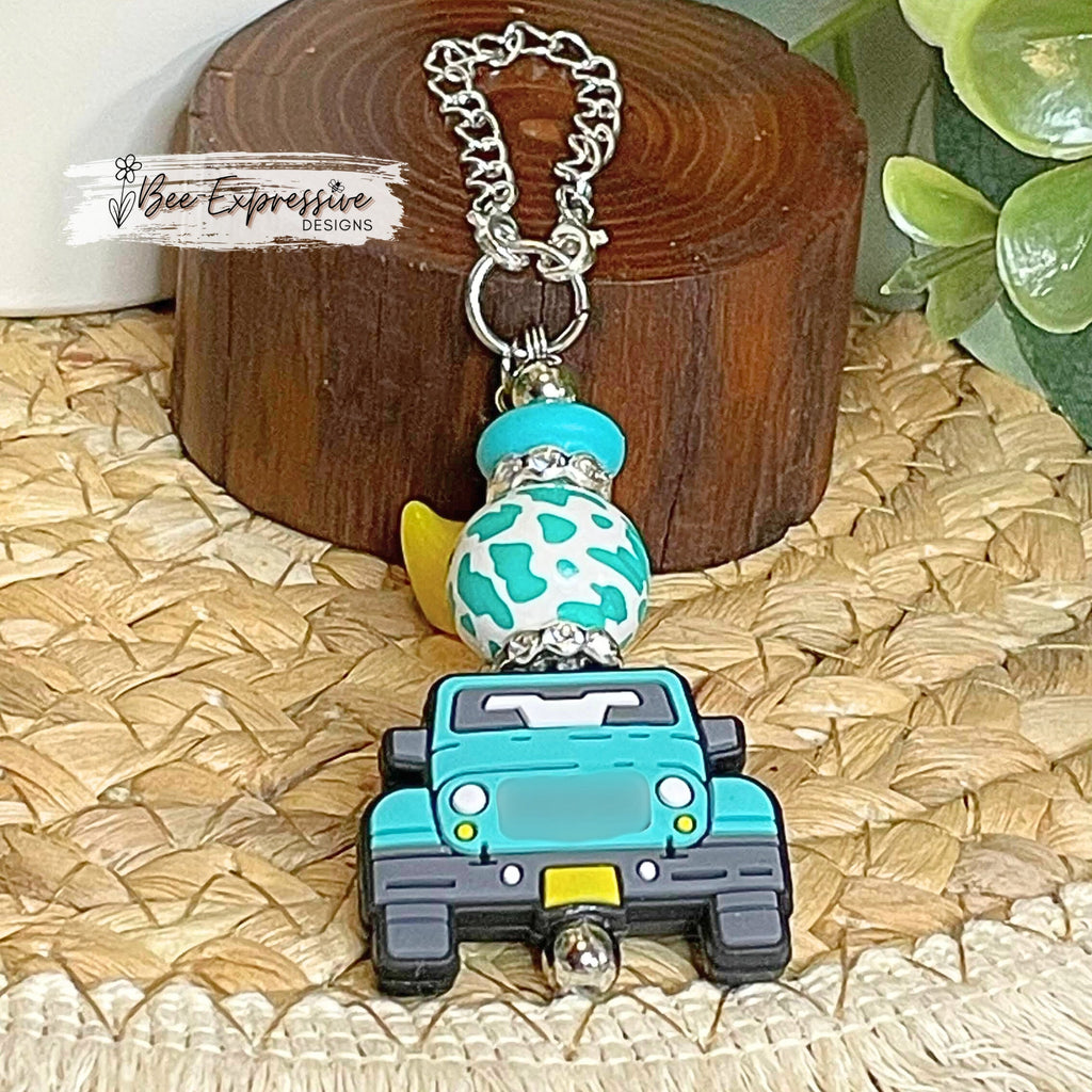 Handmade & unique, turquoise 4x4 vehicle charm chain for tumbler! Lobster claw clasp, animal print wood bead, rhinestone spacer, duck charm!