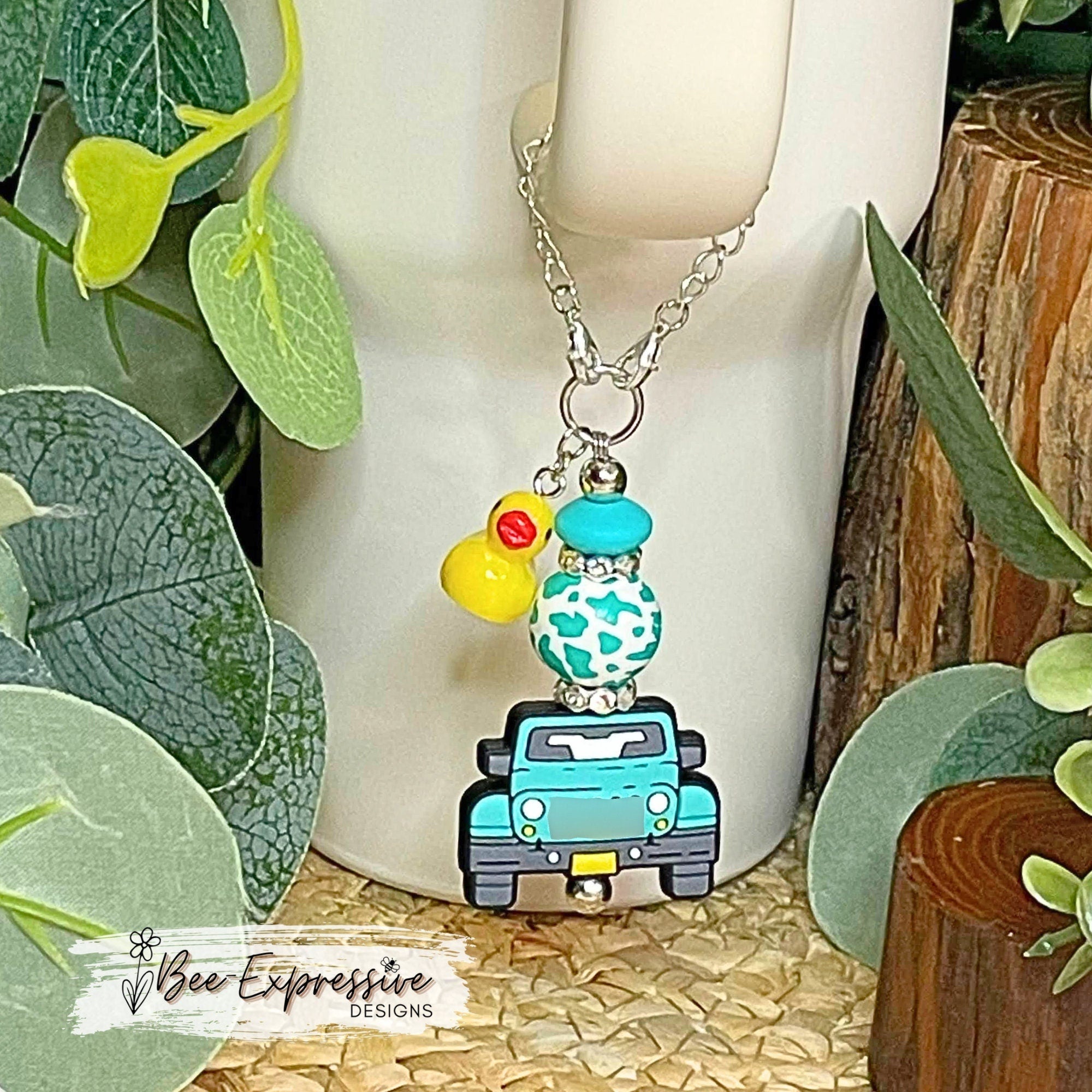 Handmade Turquoise 4x4 Vehicle Tumbler Charm: Duck & Animal Print Bead