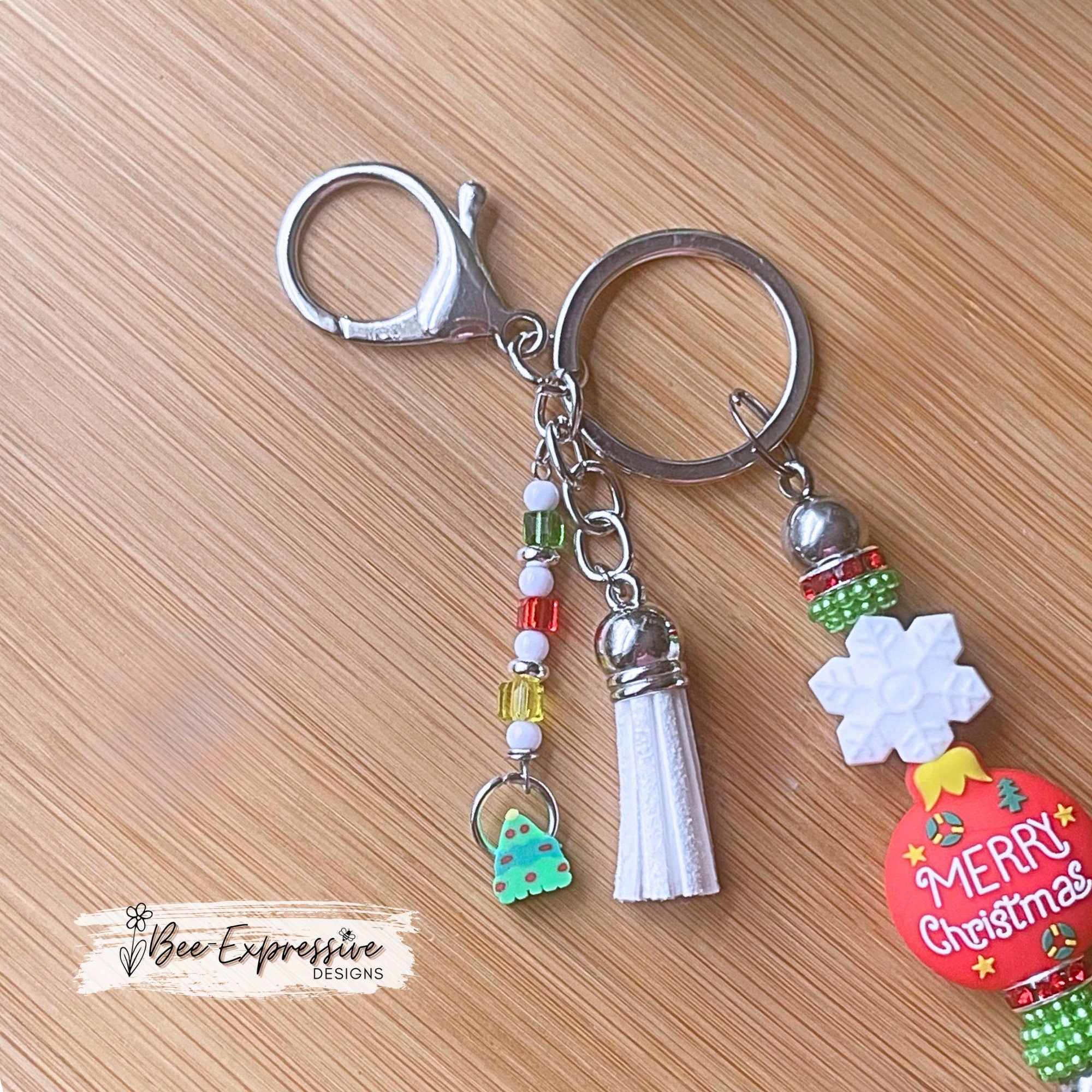 Adorable, handmade, Christmas keychain! Lobster or swivel clasp, metal bar, silicone snowflake & ornament bead, beaded tassel, tree charm