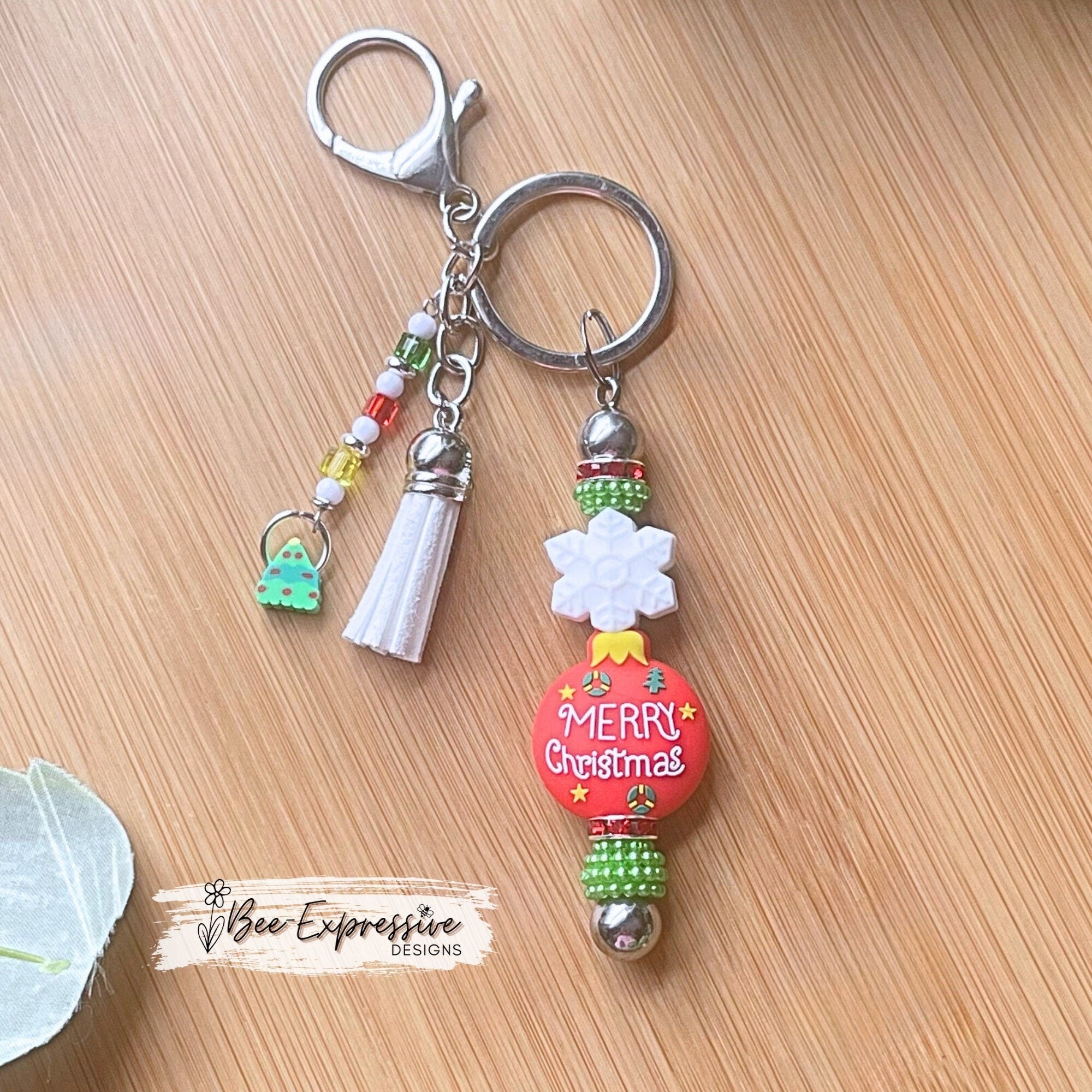 Adorable, handmade, Christmas keychain! Lobster or swivel clasp, metal bar, silicone snowflake & ornament bead, beaded tassel, tree charm