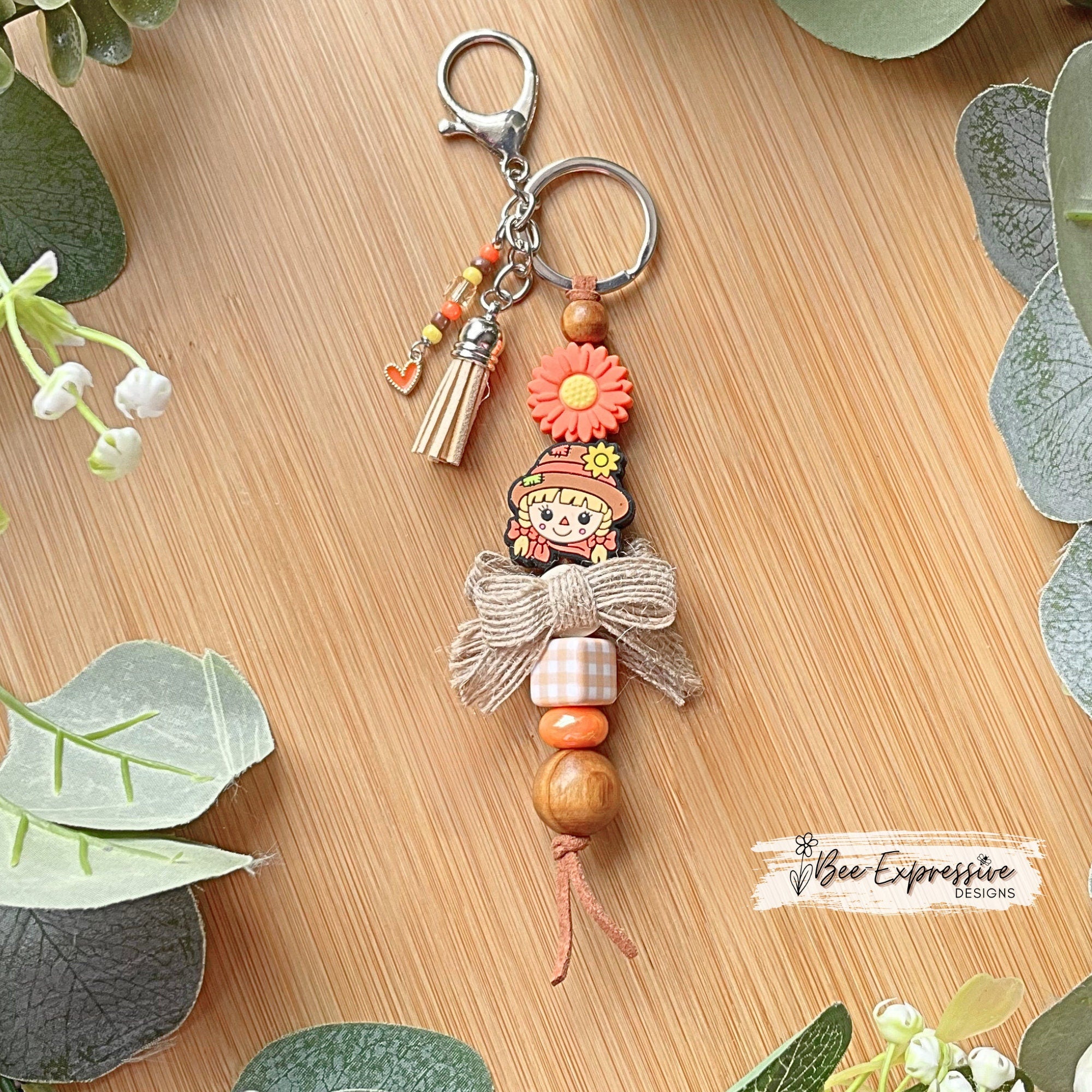 Handmade Scarecrow Keychain: Beaded Tassel, Sunflower Charm