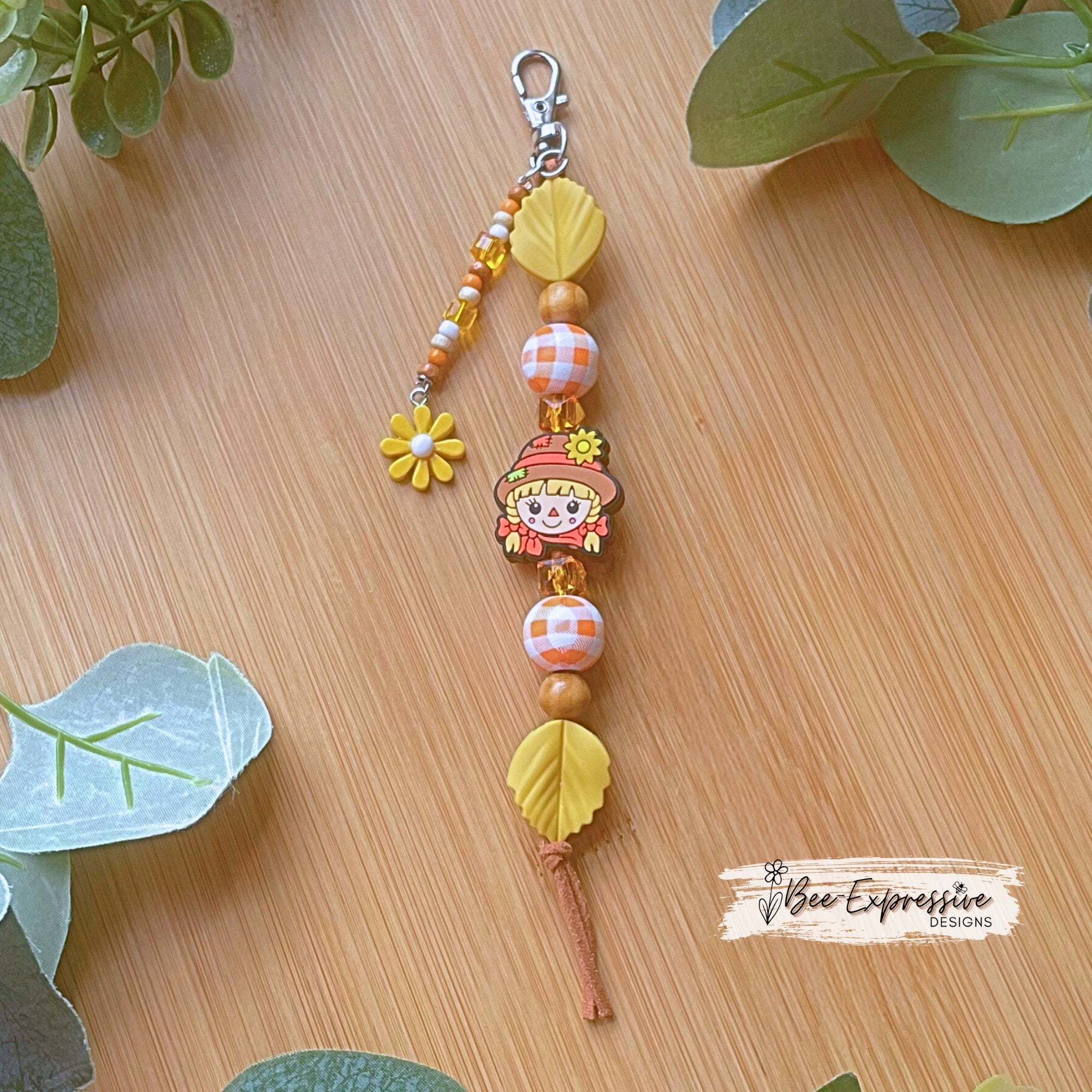Handmade Scarecrow Keychain: Beaded Tassel, Wood Gingham & Flower Charm