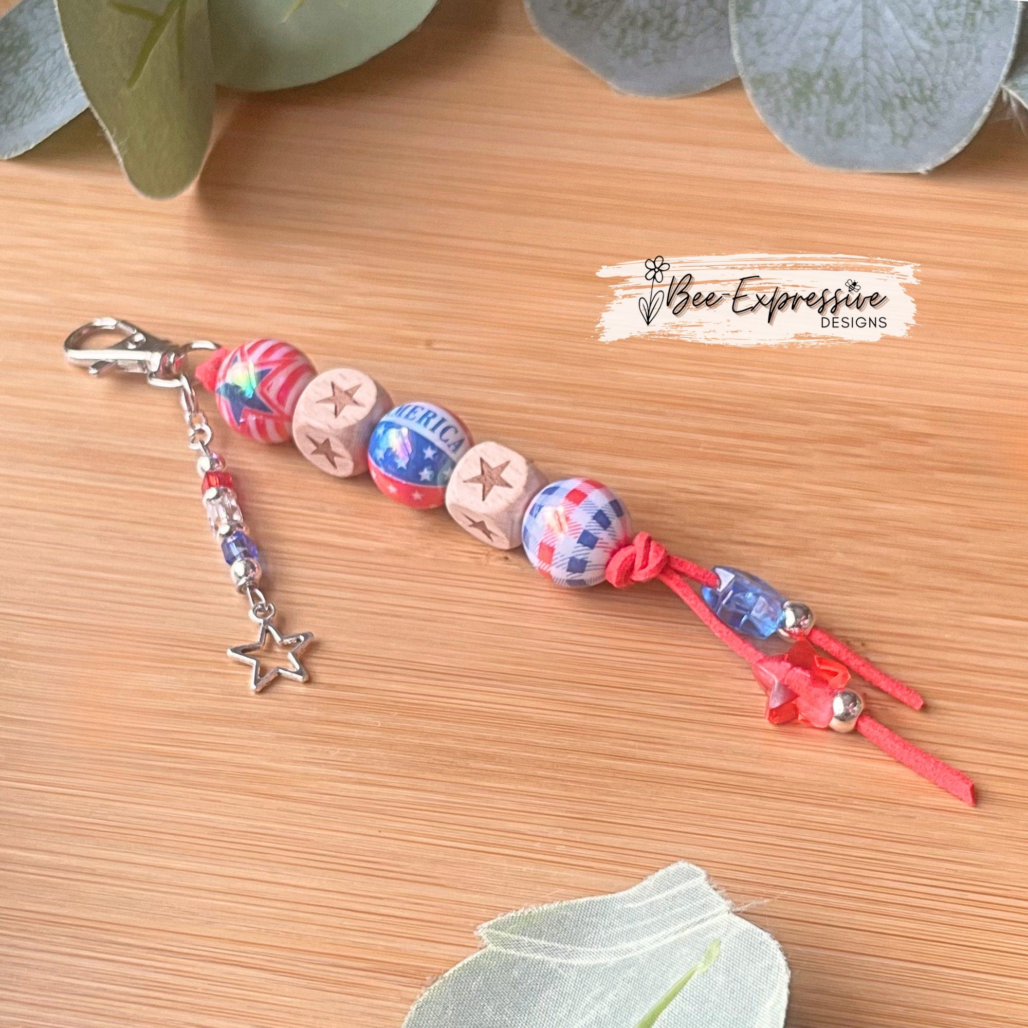Handmade, unique, USA America keychain! Swivel or lobster clasp, suede cord, iridescent beads, stars, wood squares, beaded tassel star charm