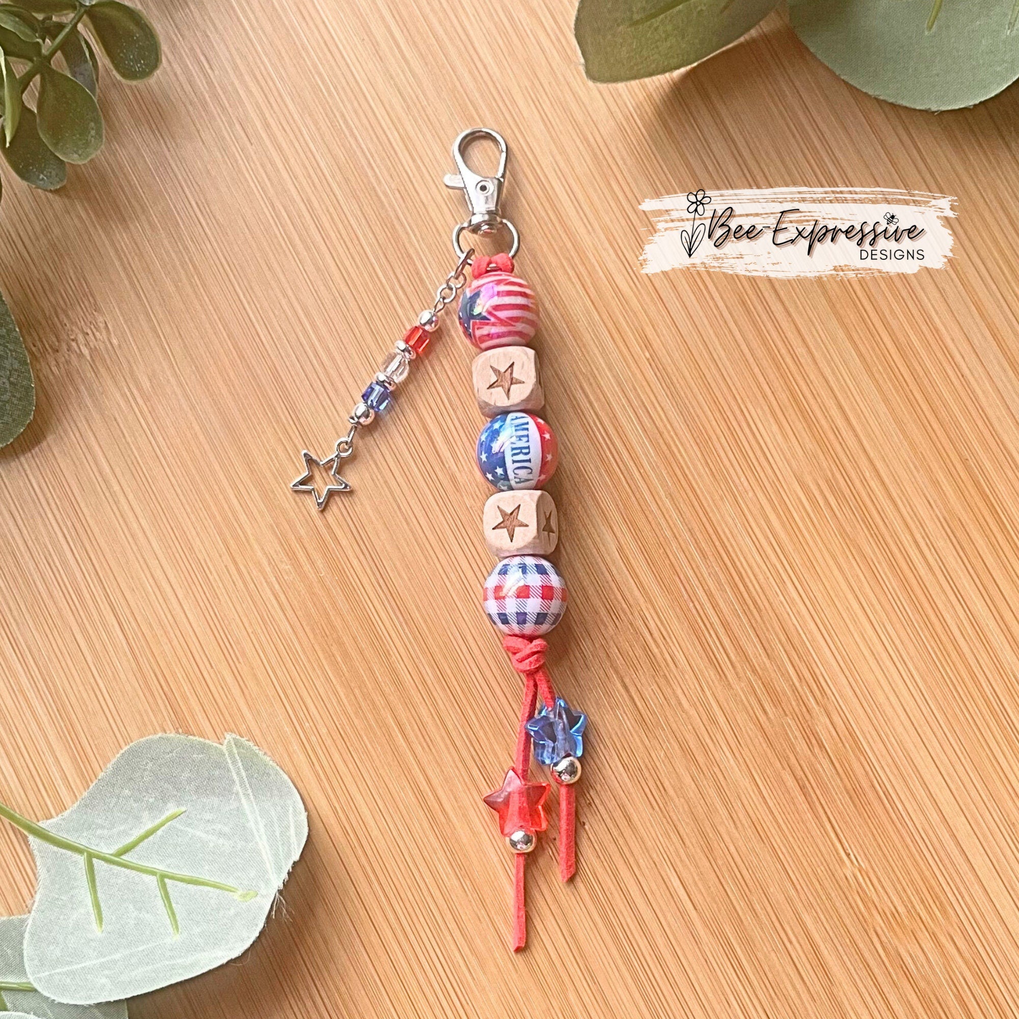 Handmade America Keychain: Beaded Suede Cord, Star Charm