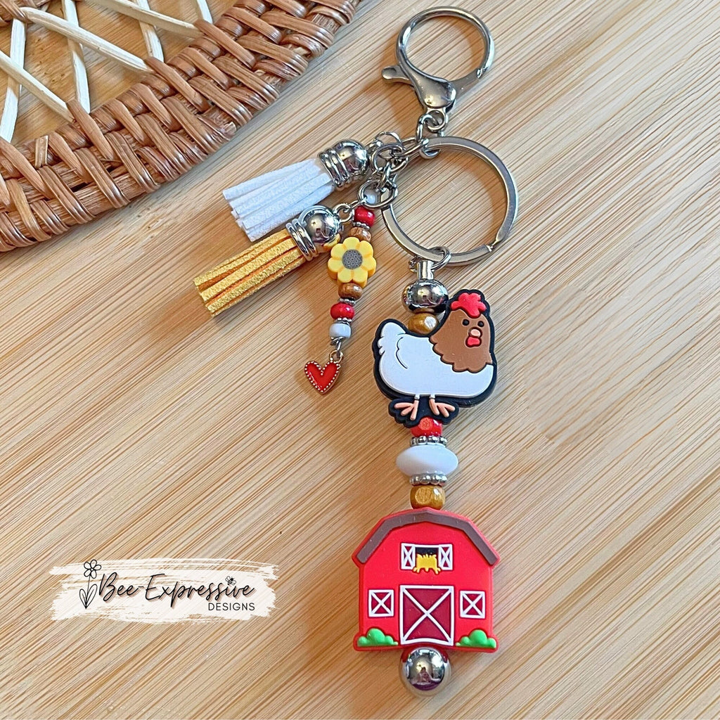 Handmade, vividly colored, silicone red barn, chicken keychain! Lobster or swivel clasp, rooster, beaded tassel, sunflower, & heart charm