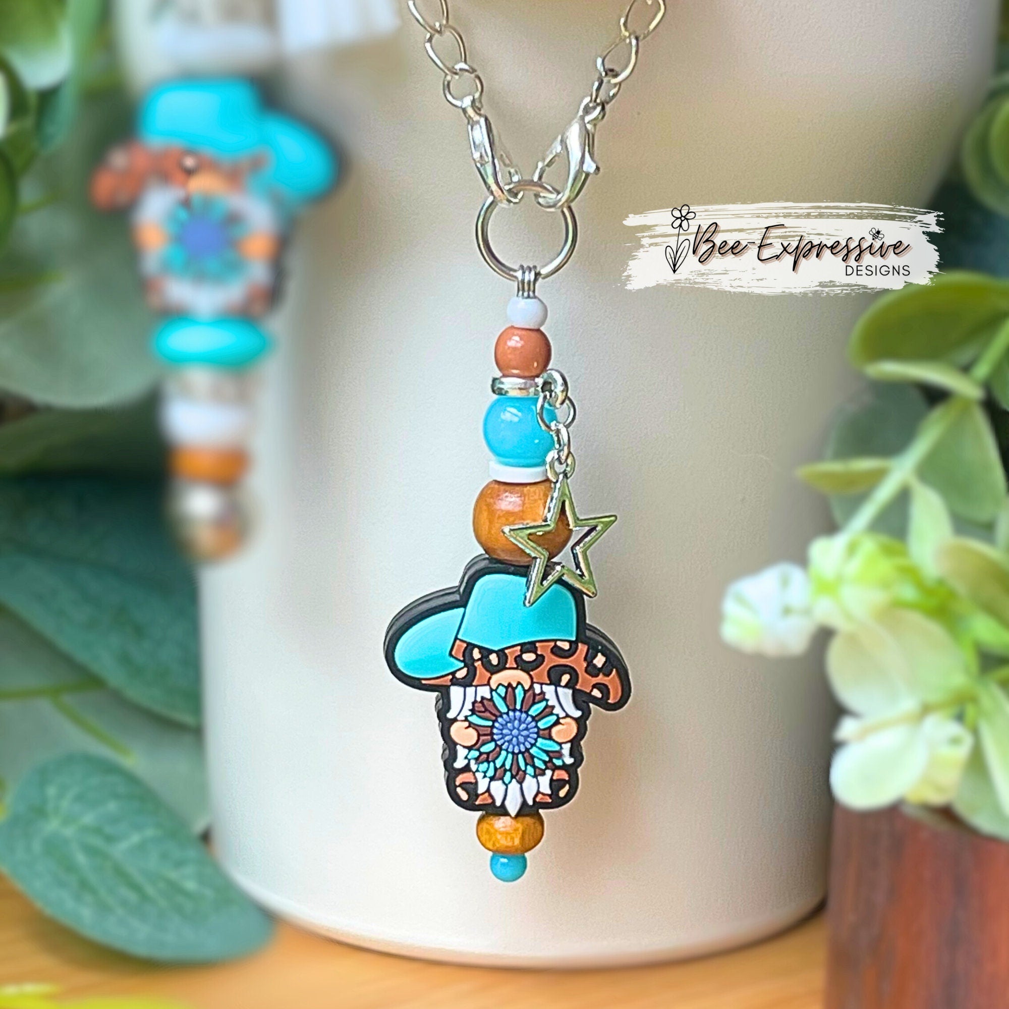 Handmade & unique, silicone western gnome keychain / tumbler charm chain, set! Choose your clasp, acrylic beads, beaded tassel, star charm!