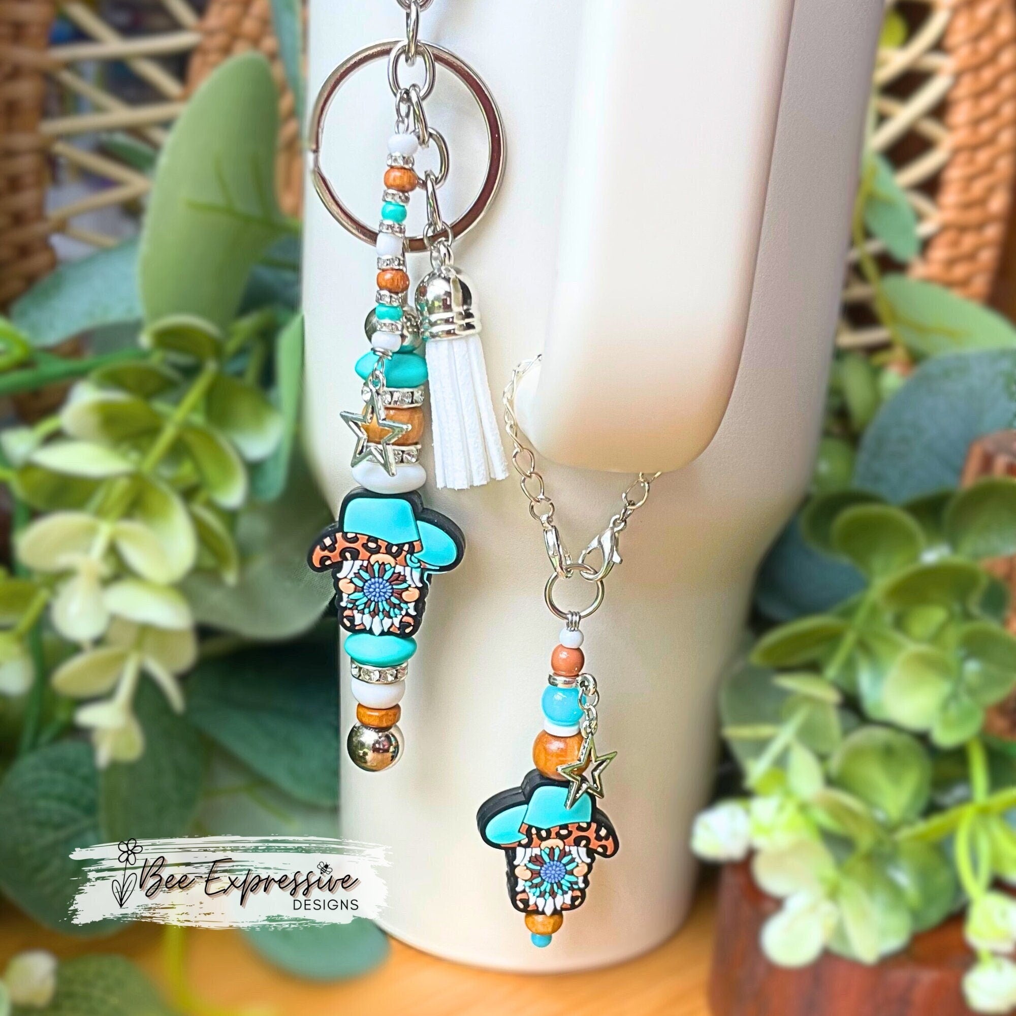 Handmade Western Gnome Keychain & Tumbler Charm Set: Beaded Tassel, Star Charm