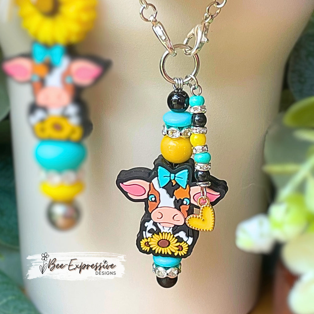 Matching set! Cow & daisy, tumbler charm chain and keychain! Choose a lobster or swivel clasp, acrylic beads, beaded tassel, heart charms!